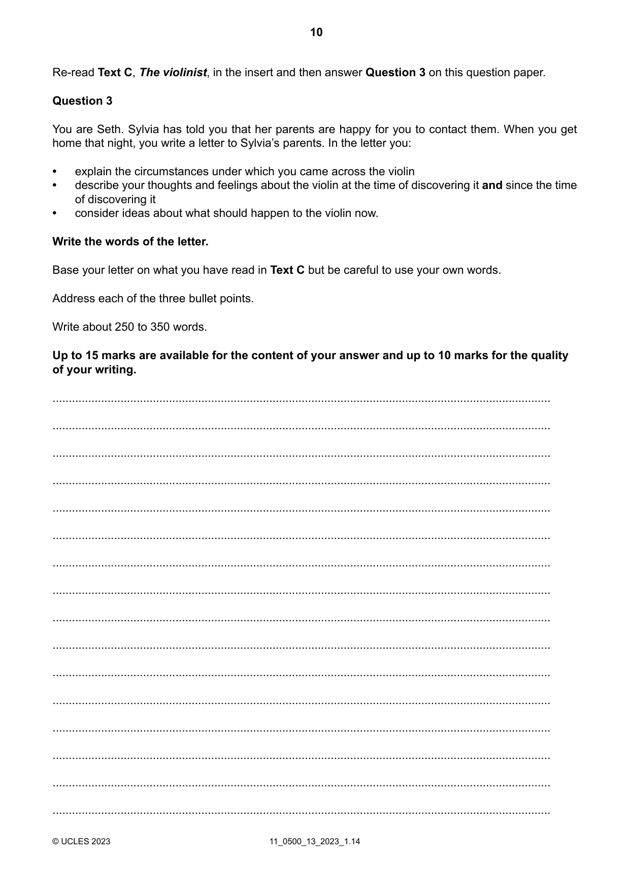Cambridge IGCSE English - First Language 0500 2023 Oct/Nov Paper 1 · Variant 3 question paper, page 10 of 16