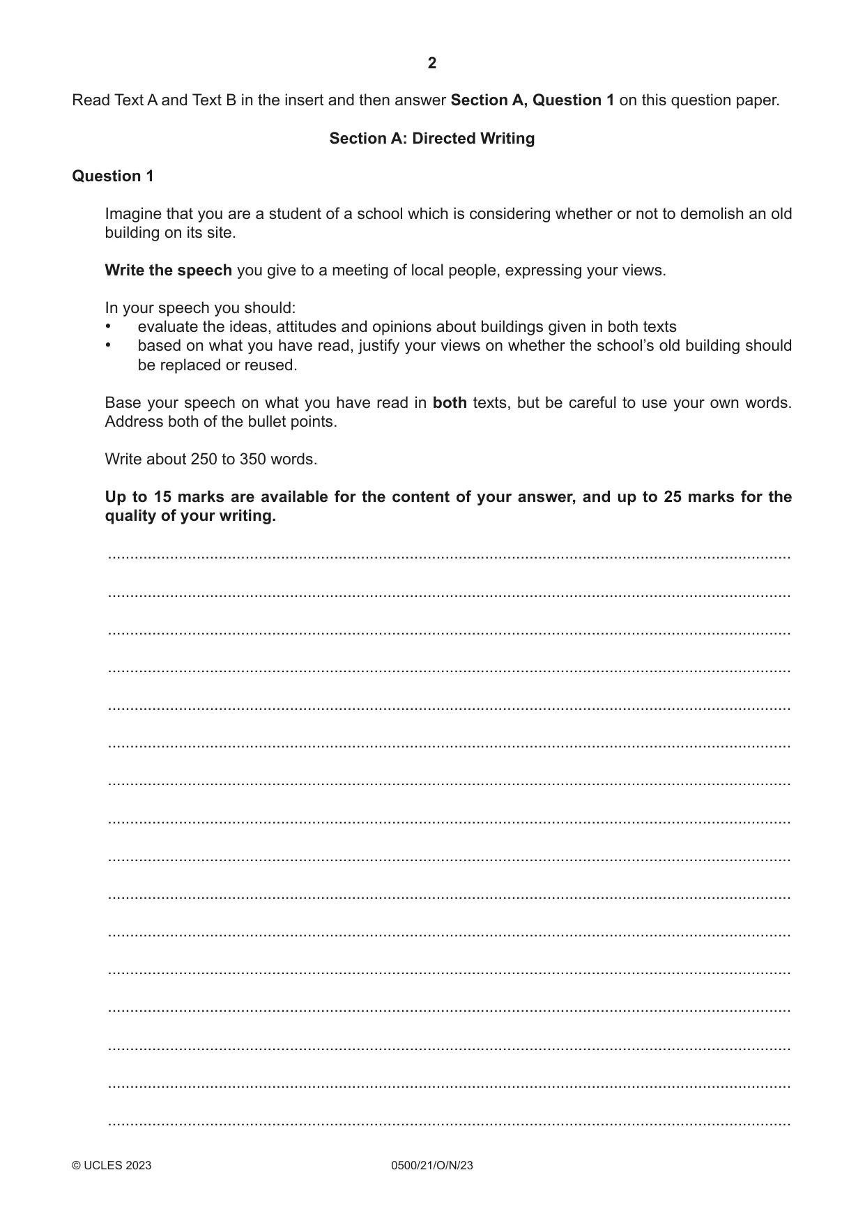 Cambridge IGCSE English - First Language 0500 2023 Oct/Nov Paper 2 · Variant 1 question paper, page 2 of 12