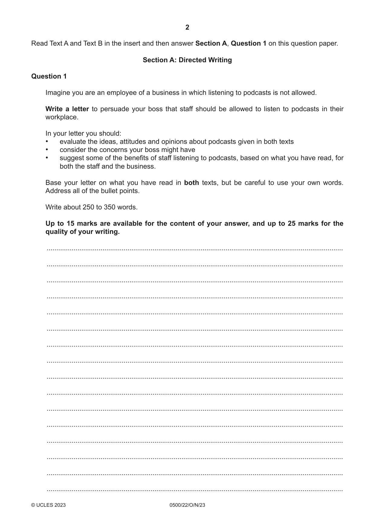 Cambridge IGCSE English - First Language 0500 2023 Oct/Nov Paper 2 · Variant 2 question paper, page 2 of 12