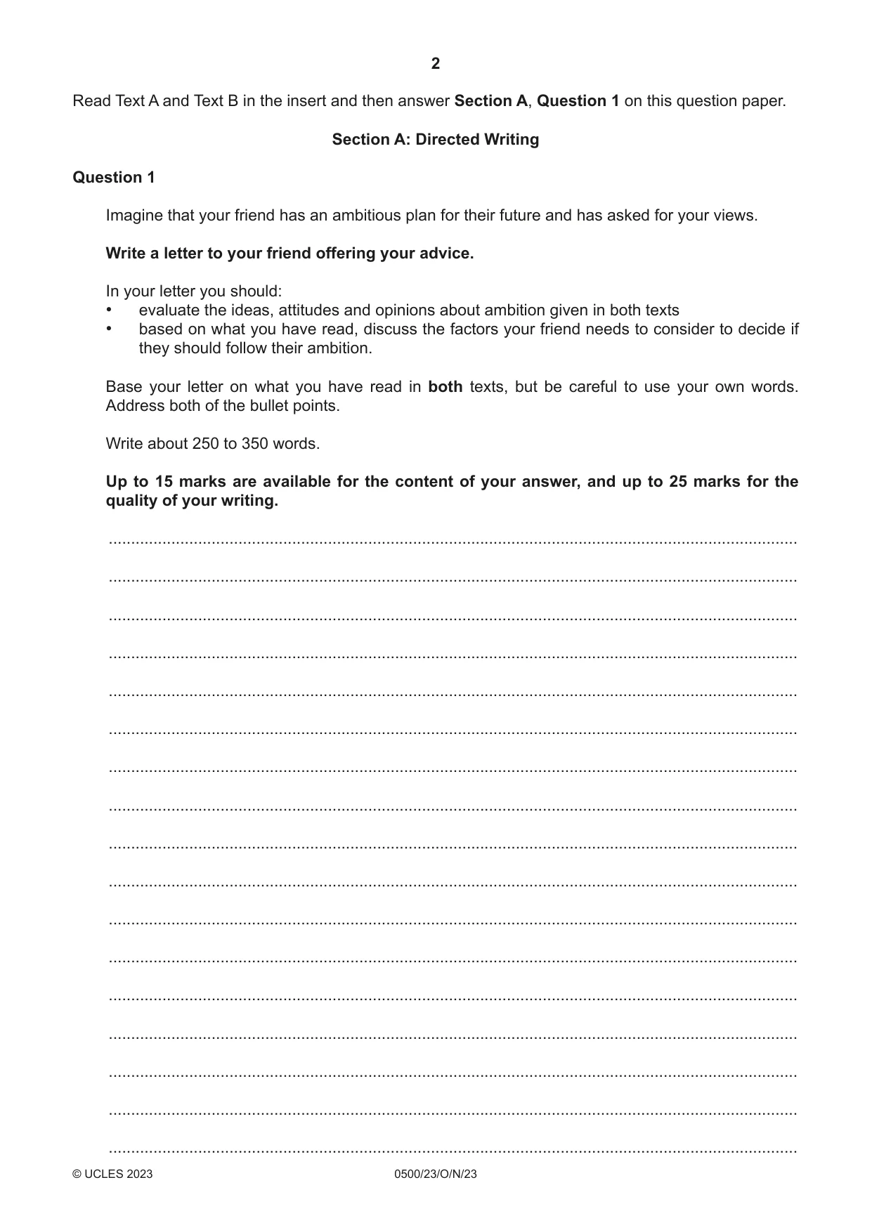 Cambridge IGCSE English - First Language 0500 2023 Oct/Nov Paper 2 · Variant 3 question paper, page 2 of 12