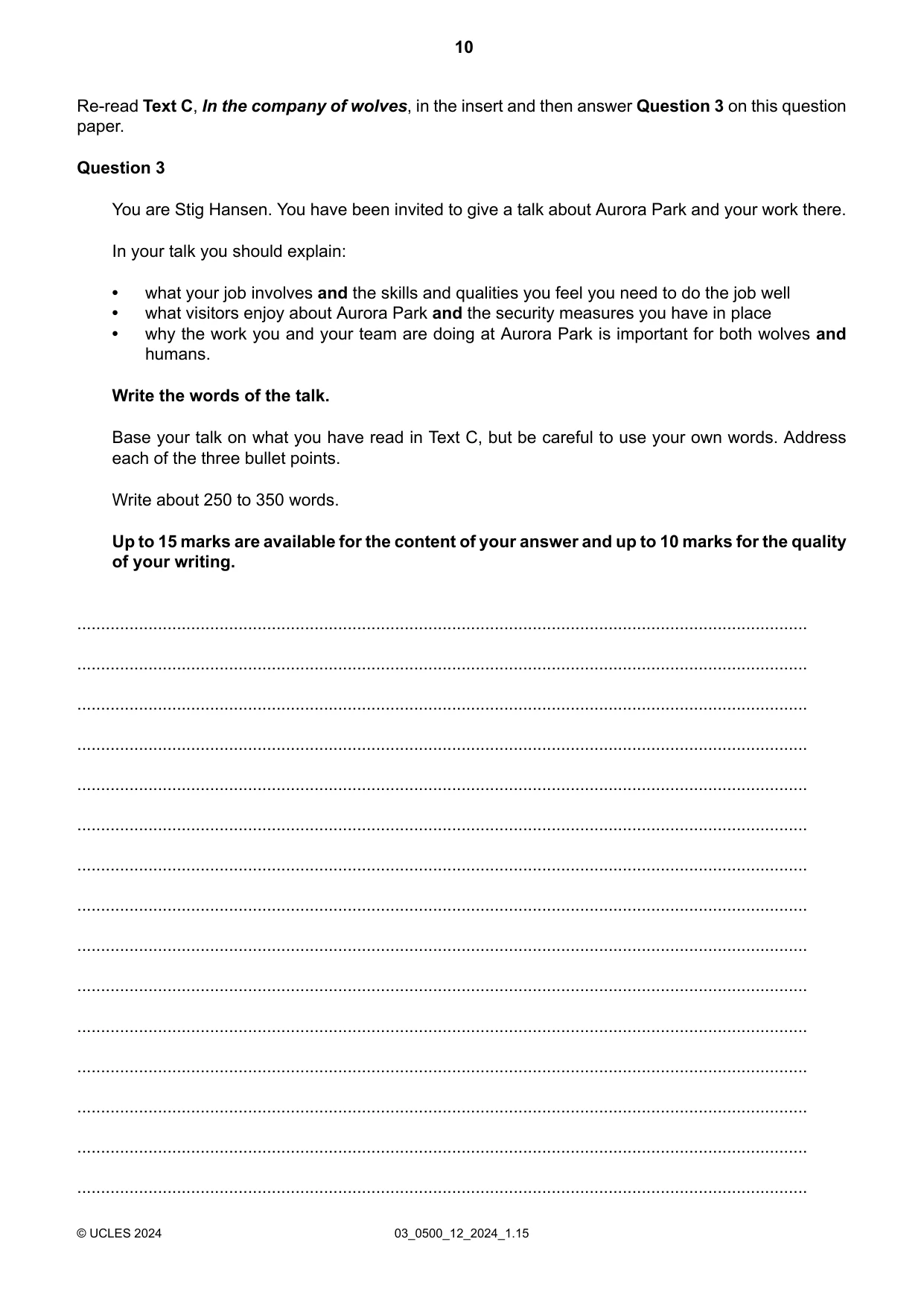Cambridge IGCSE English - First Language 0500 2024 Feb/March Paper 1 · Variant 2 question paper, page 10 of 16