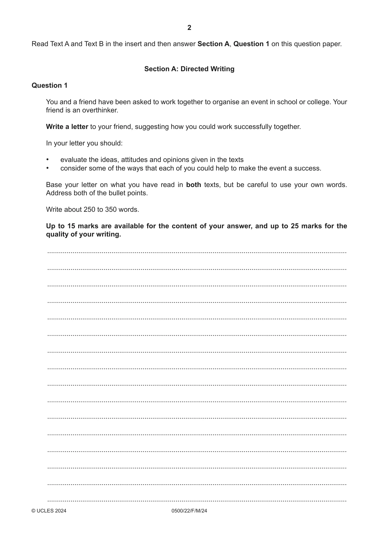 Cambridge IGCSE English - First Language 0500 2024 Feb/March Paper 2 · Variant 2 question paper, page 2 of 12