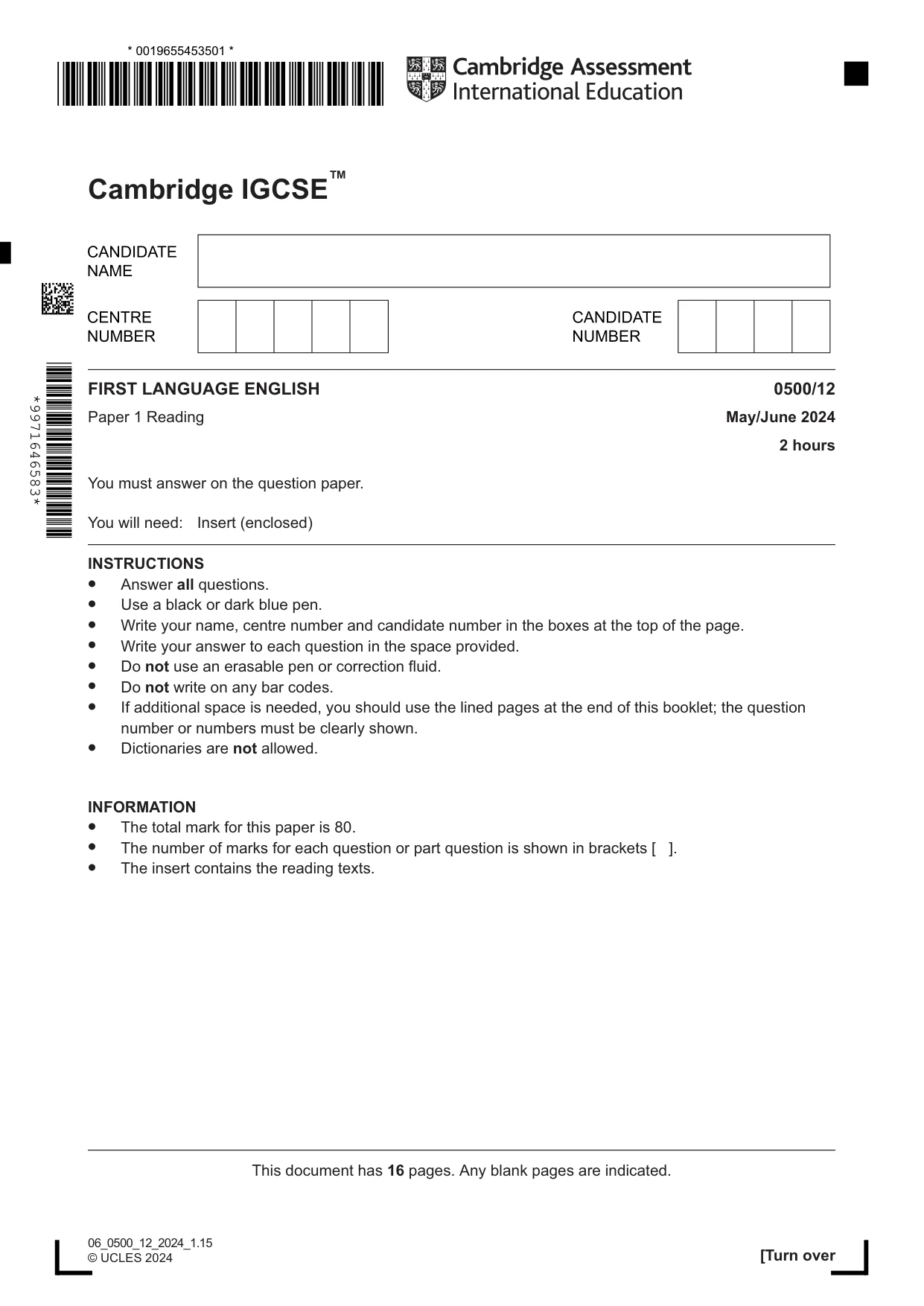 Cambridge IGCSE English - First Language 0500 2024 May/June Paper 1 · Variant 2 question paper, page 1 of 16