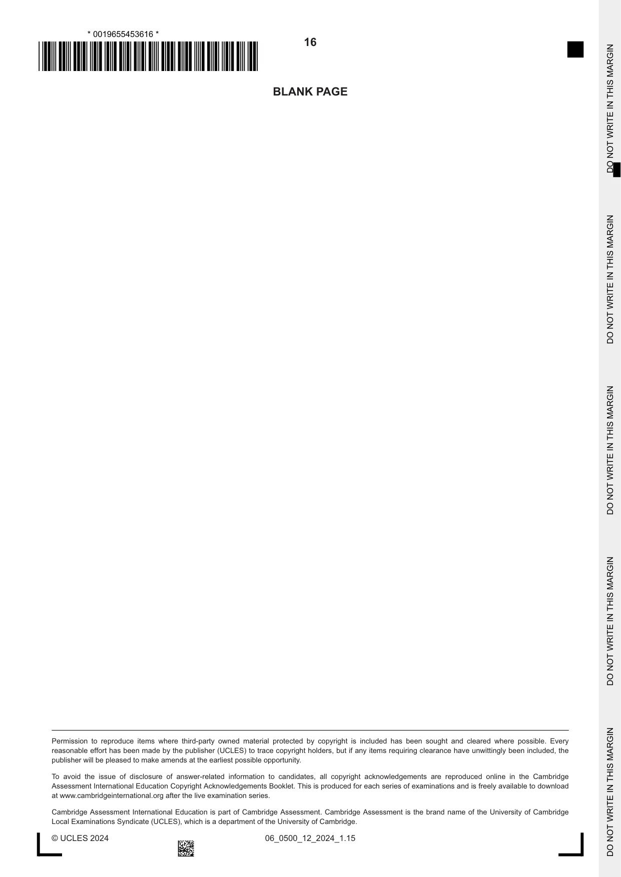 Cambridge IGCSE English - First Language 0500 2024 May/June Paper 1 · Variant 2 question paper, page 16 of 16