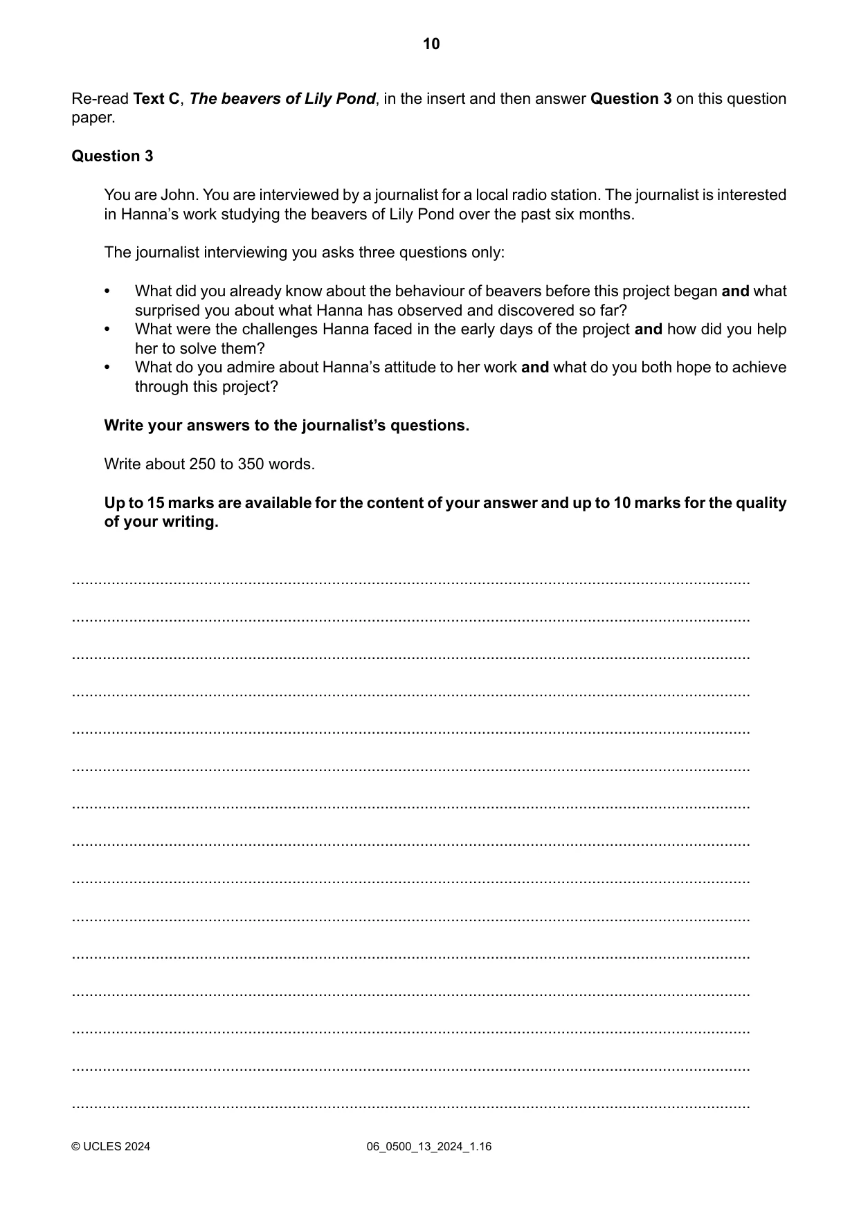 Cambridge IGCSE English - First Language 0500 2024 May/June Paper 1 · Variant 3 question paper, page 10 of 16