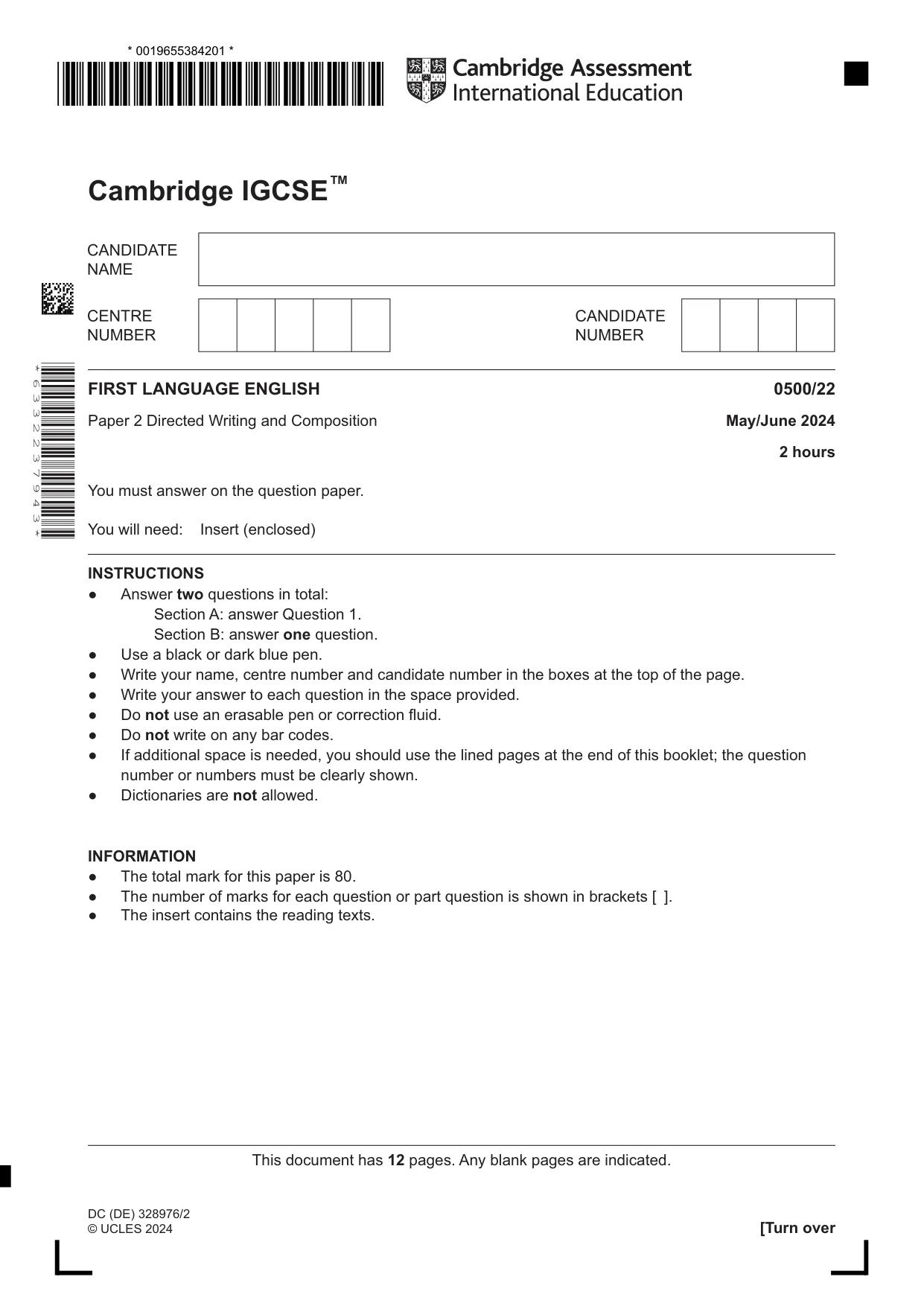 Cambridge IGCSE English - First Language 0500 2024 May/June Paper 2 · Variant 2 question paper, page 1 of 12