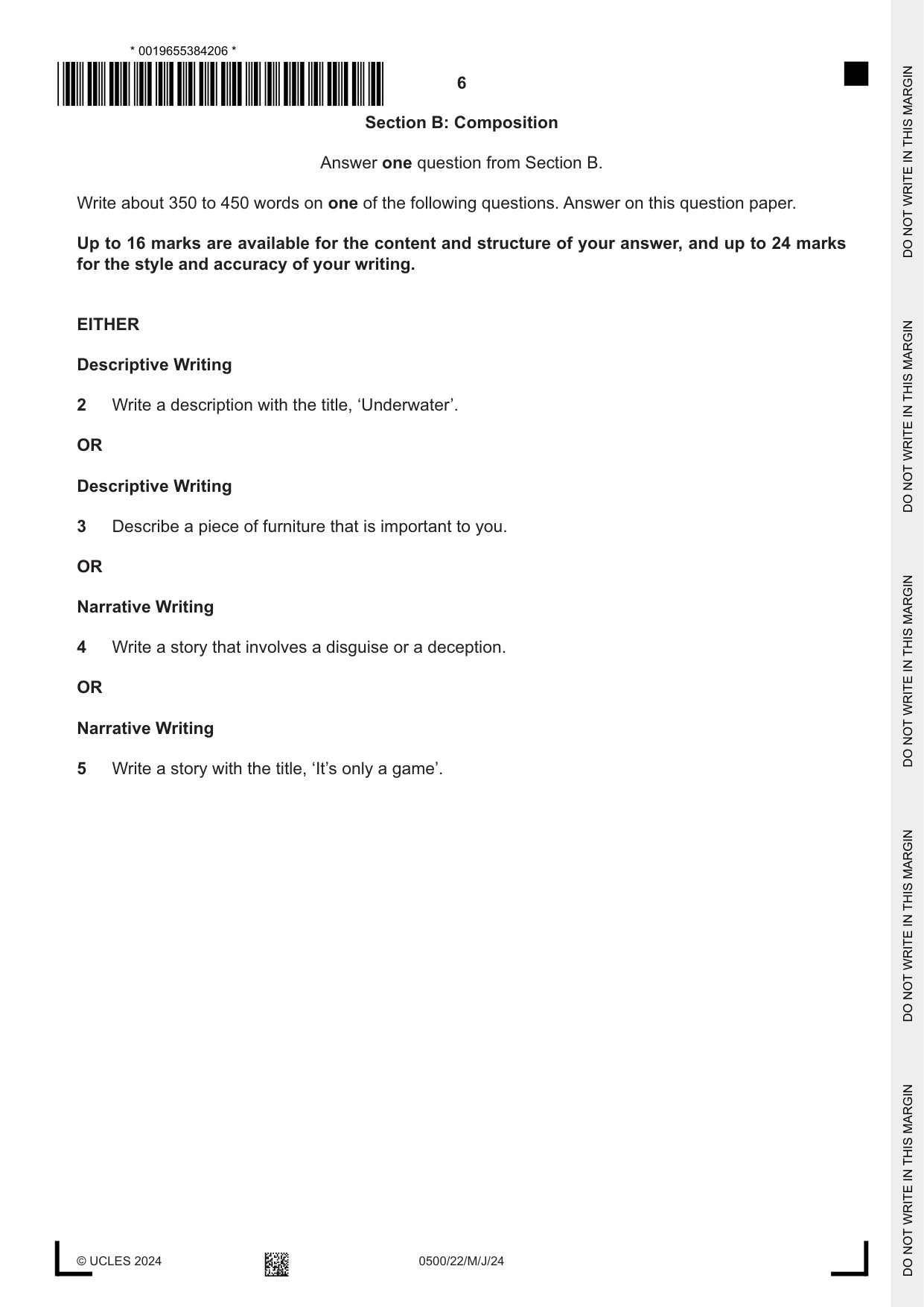 Cambridge IGCSE English - First Language 0500 2024 May/June Paper 2 · Variant 2 question paper, page 6 of 12