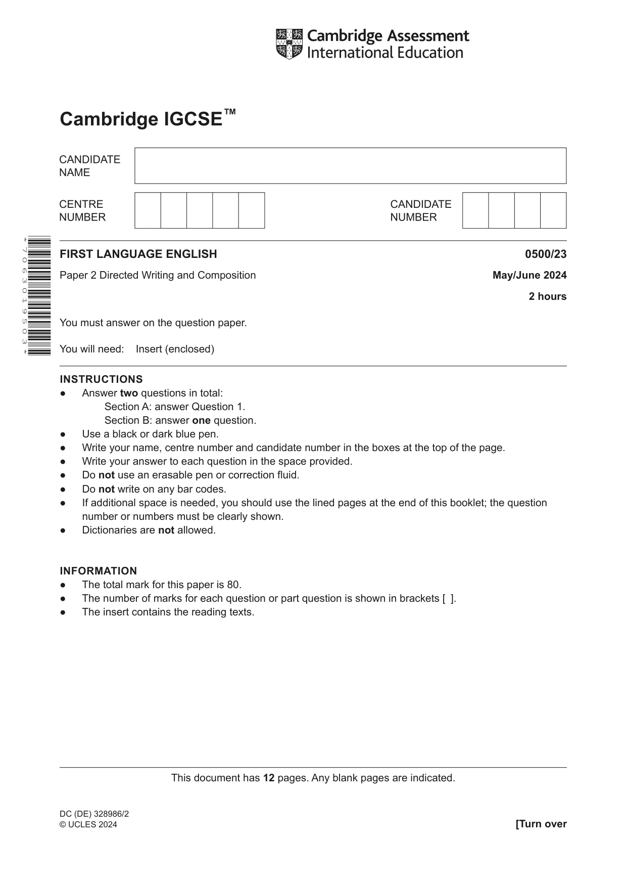 Cambridge IGCSE English - First Language 0500 2024 May/June Paper 2 · Variant 3 question paper, page 1 of 12