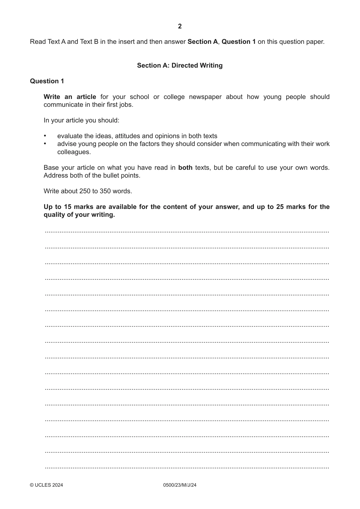 Cambridge IGCSE English - First Language 0500 2024 May/June Paper 2 · Variant 3 question paper, page 2 of 12