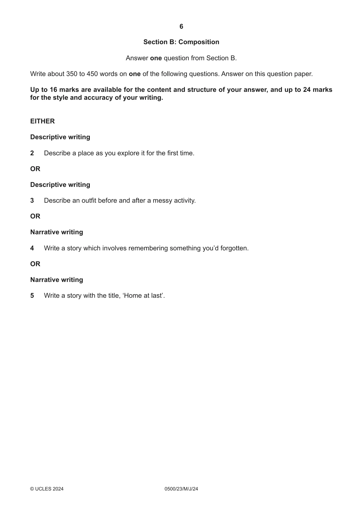 Cambridge IGCSE English - First Language 0500 2024 May/June Paper 2 · Variant 3 question paper, page 6 of 12