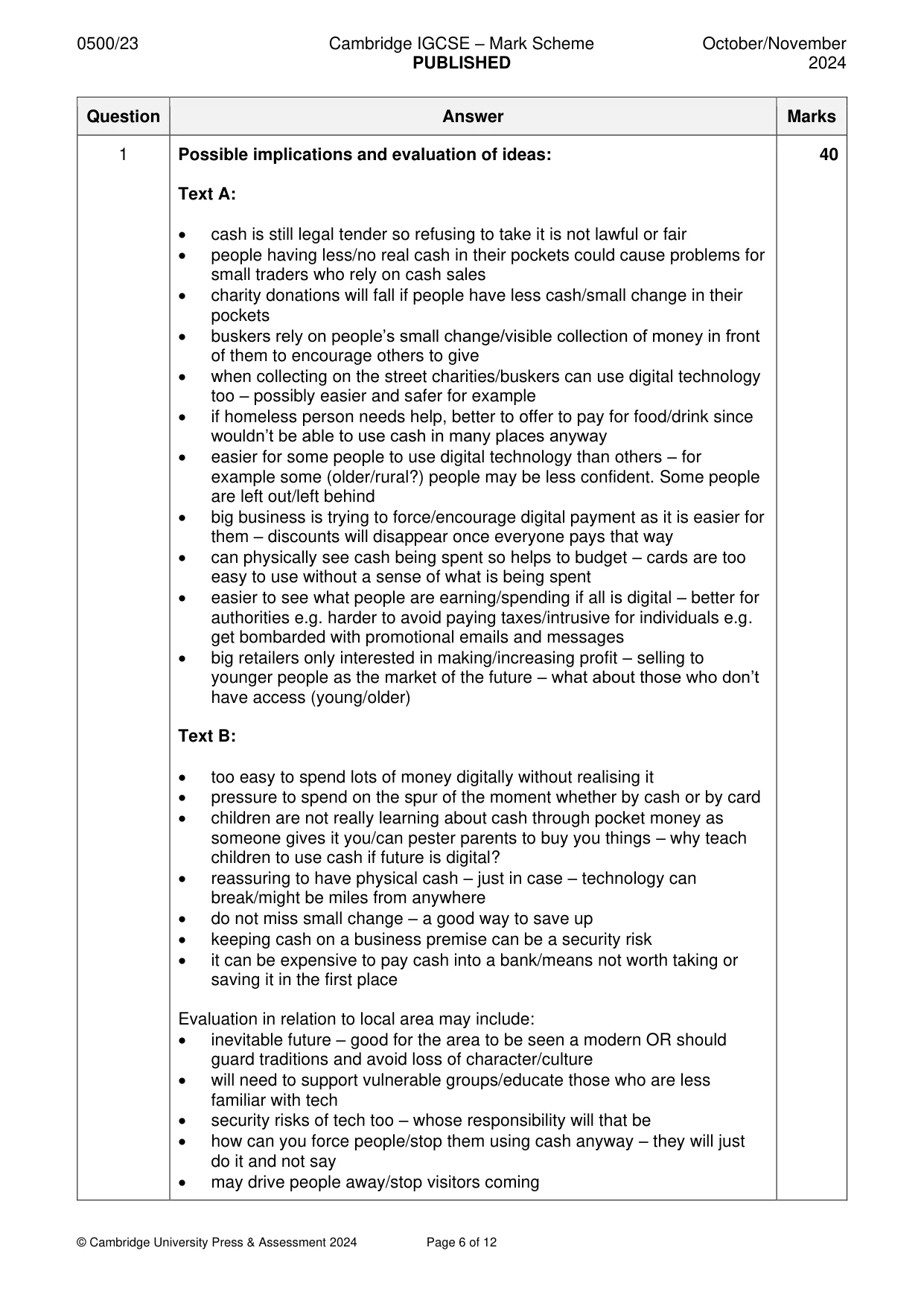 Mark scheme, page 6 of 12
