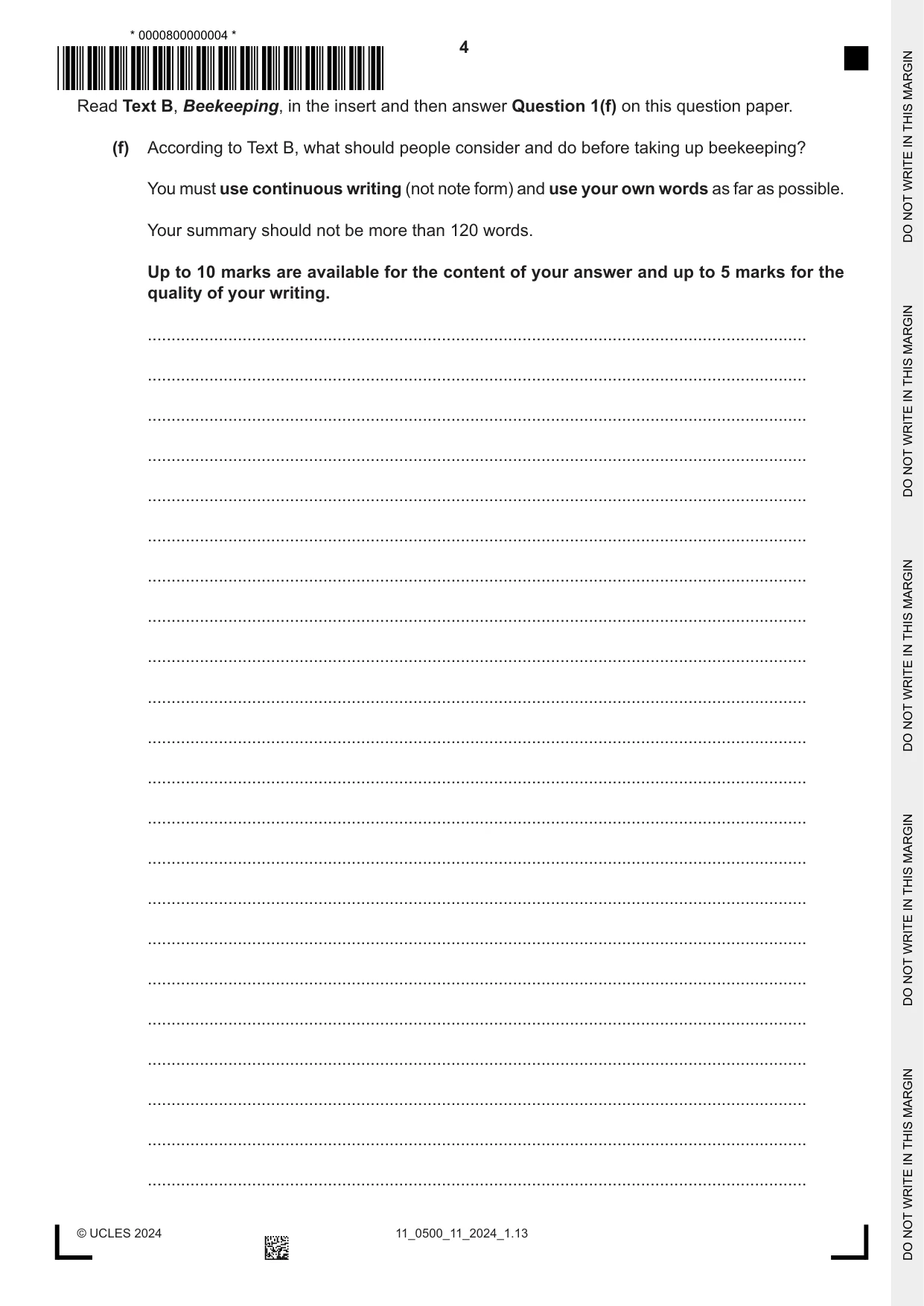 Cambridge IGCSE English - First Language 0500 2024 Oct/Nov Paper 1 · Variant 1 question paper, page 4 of 16