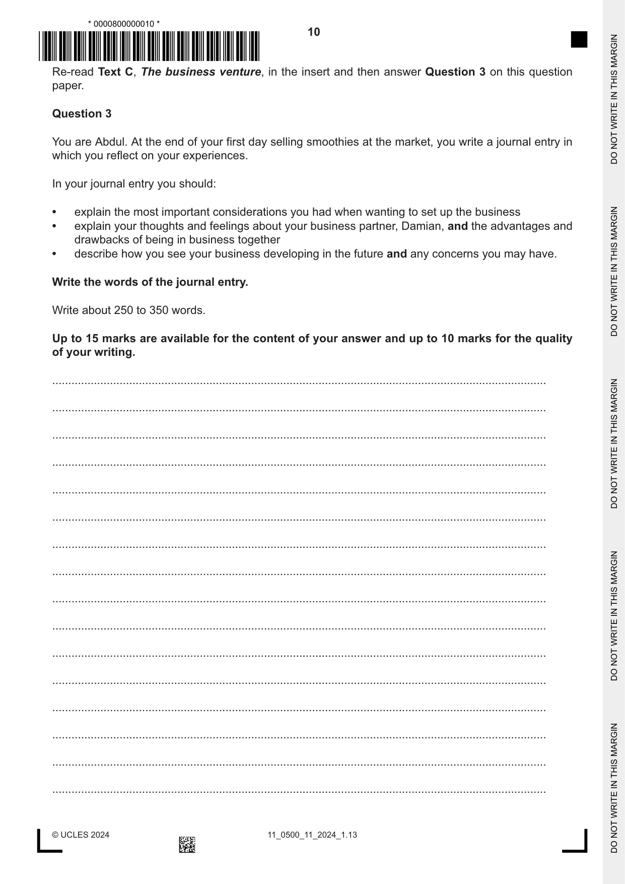 Cambridge IGCSE English - First Language 0500 2024 Oct/Nov Paper 1 · Variant 1 question paper, page 10 of 16