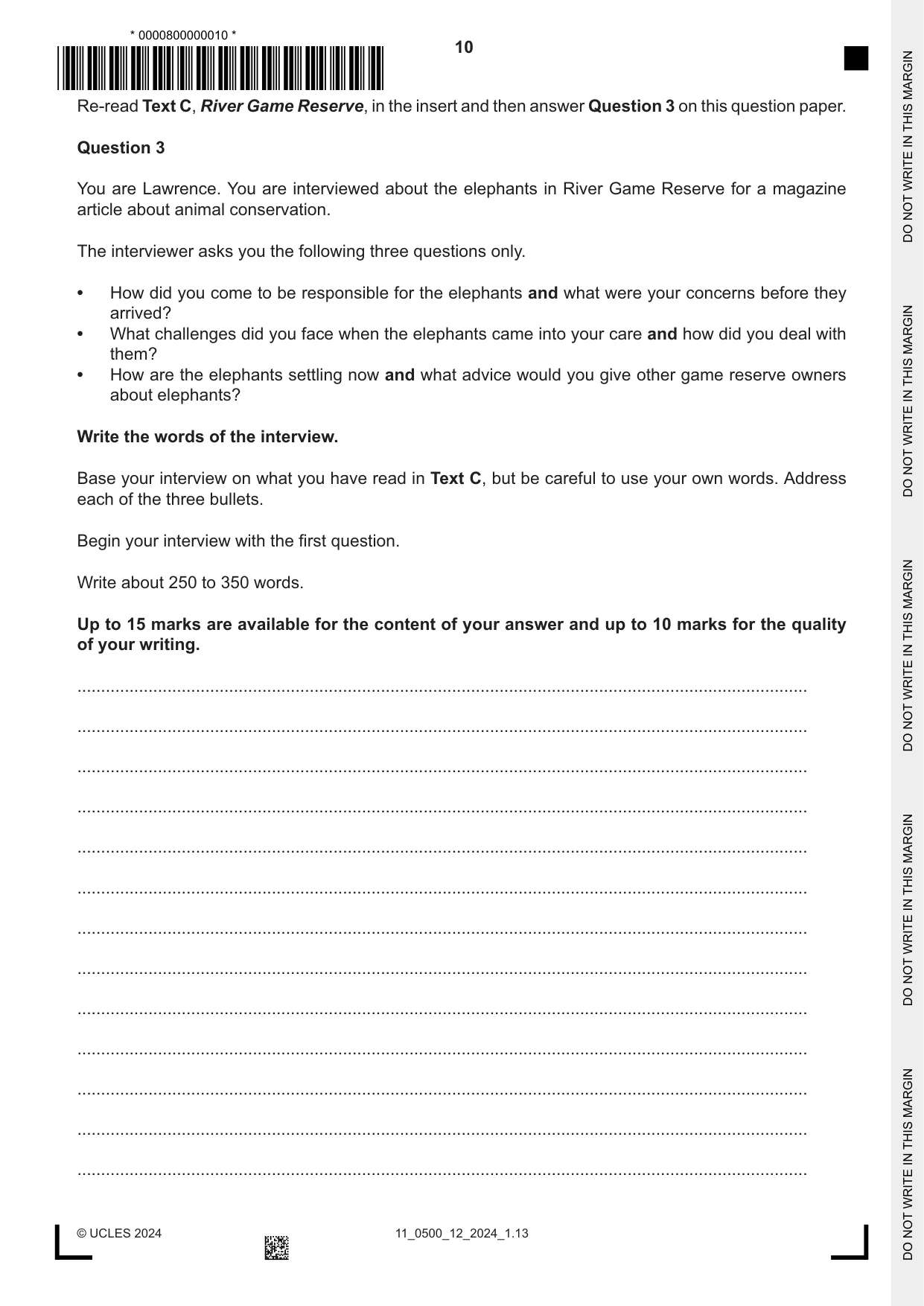 Cambridge IGCSE English - First Language 0500 2024 Oct/Nov Paper 1 · Variant 2 question paper, page 10 of 16