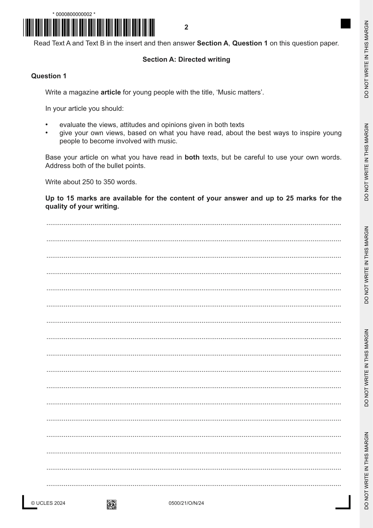 Cambridge IGCSE English - First Language 0500 2024 Oct/Nov Paper 2 · Variant 1 question paper, page 2 of 12
