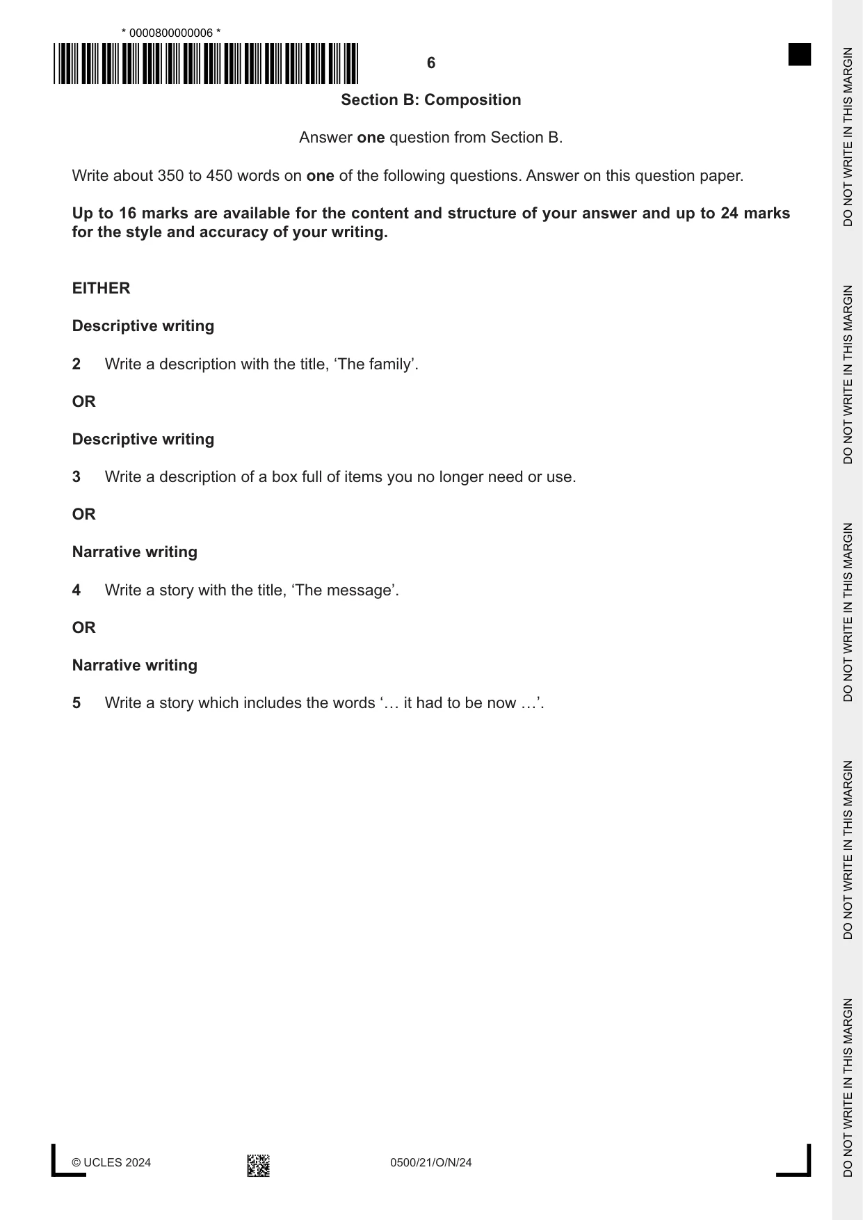 Cambridge IGCSE English - First Language 0500 2024 Oct/Nov Paper 2 · Variant 1 question paper, page 6 of 12