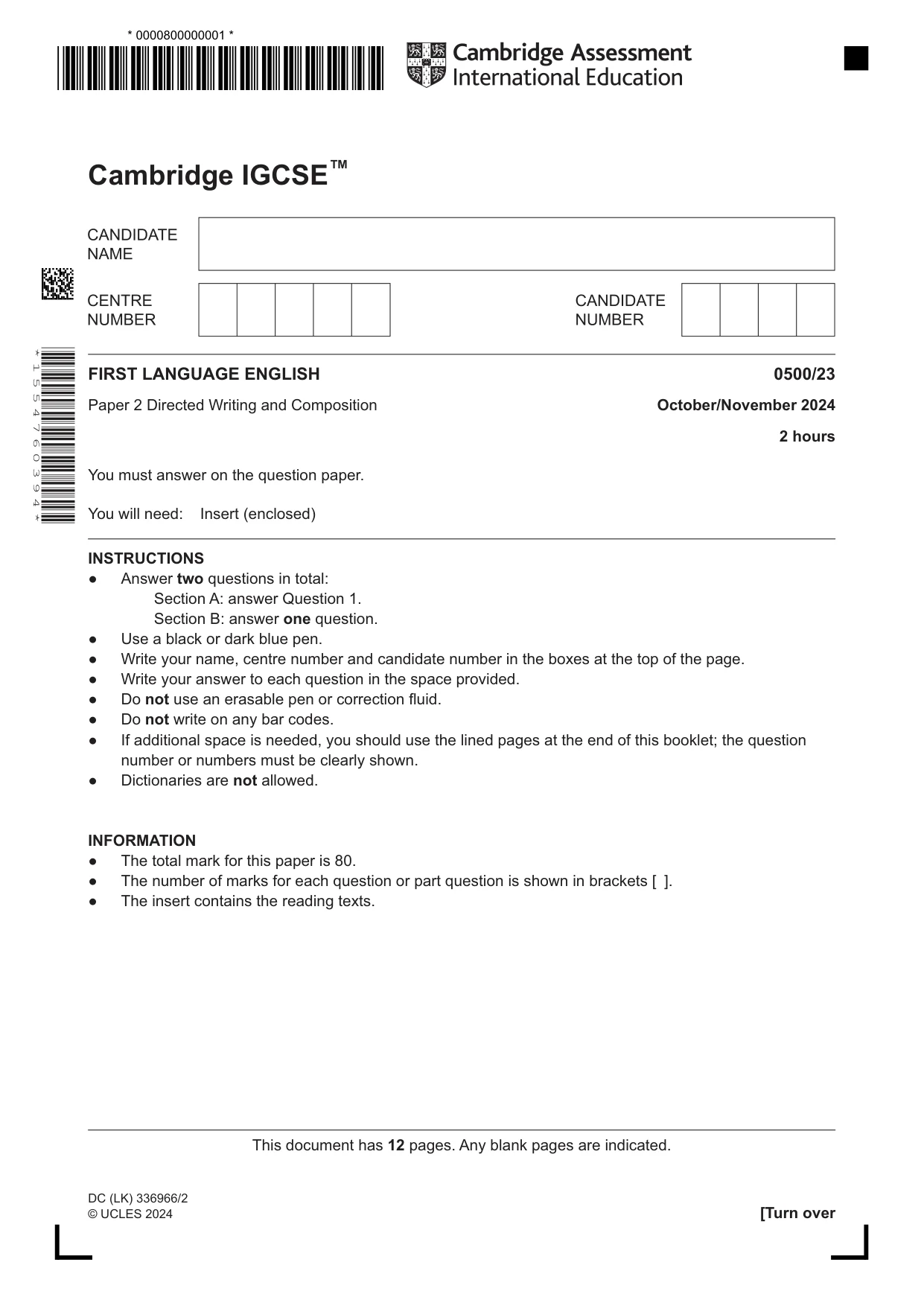 Cambridge IGCSE English - First Language 0500 2024 Oct/Nov Paper 2 · Variant 3 question paper, page 1 of 12