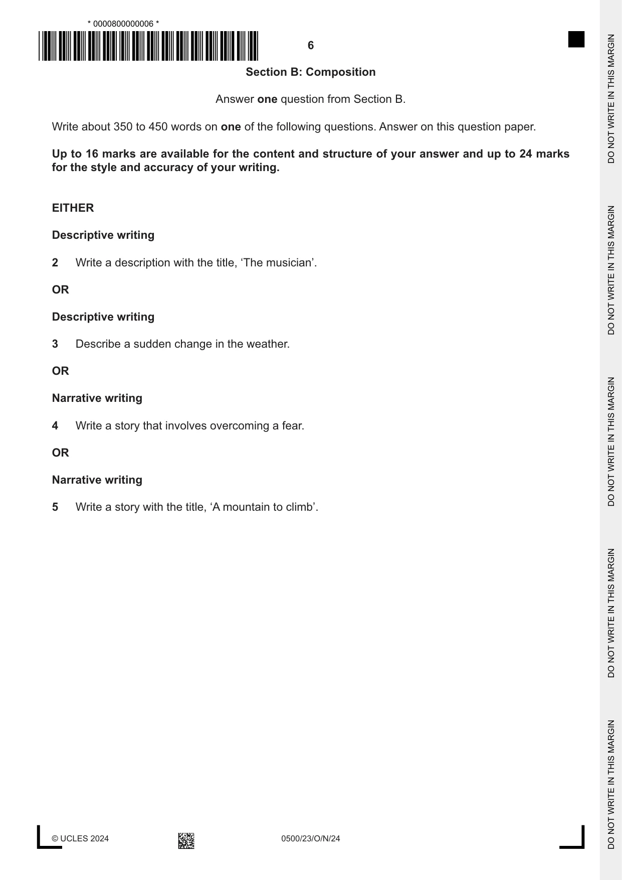 Cambridge IGCSE English - First Language 0500 2024 Oct/Nov Paper 2 · Variant 3 question paper, page 6 of 12