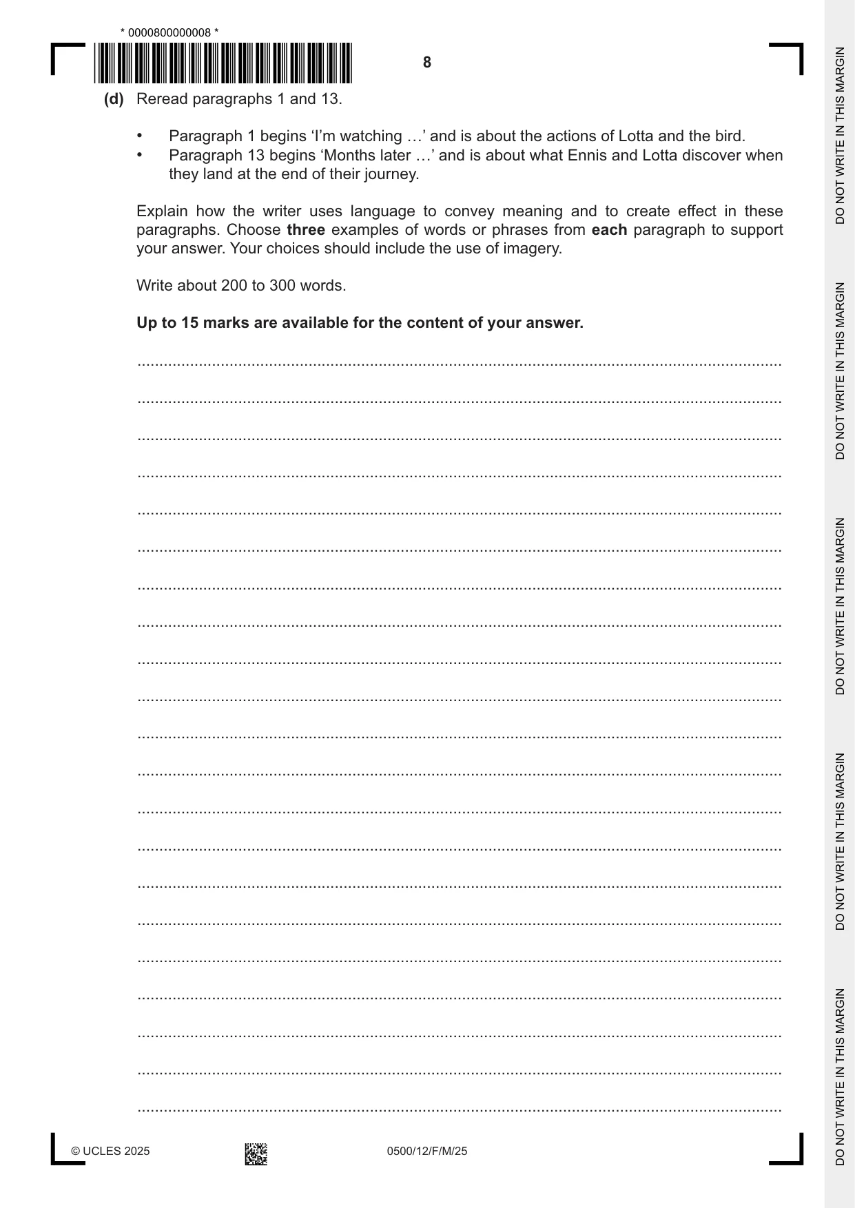 Cambridge IGCSE English - First Language 0500 2025 Feb/March Paper 1 · Variant 2 question paper, page 8 of 16
