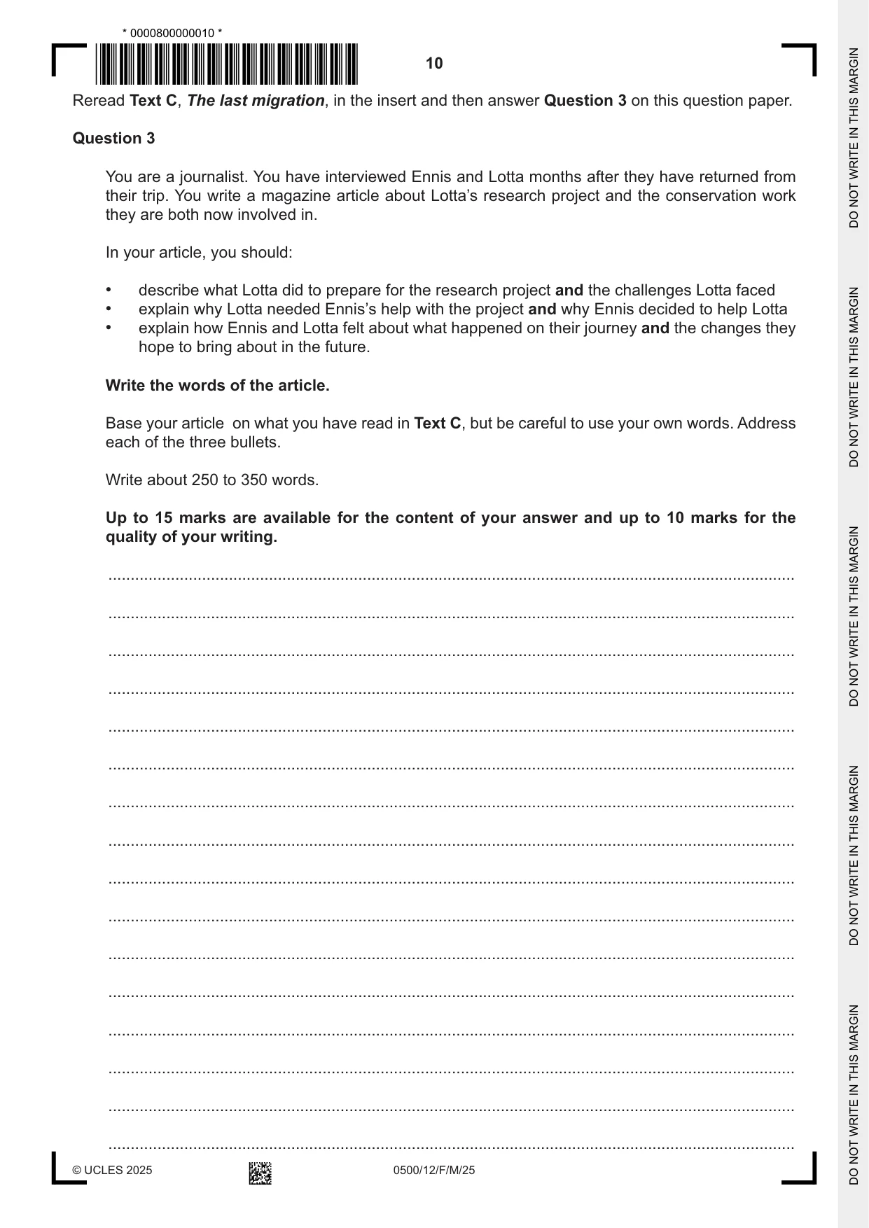 Cambridge IGCSE English - First Language 0500 2025 Feb/March Paper 1 · Variant 2 question paper, page 10 of 16