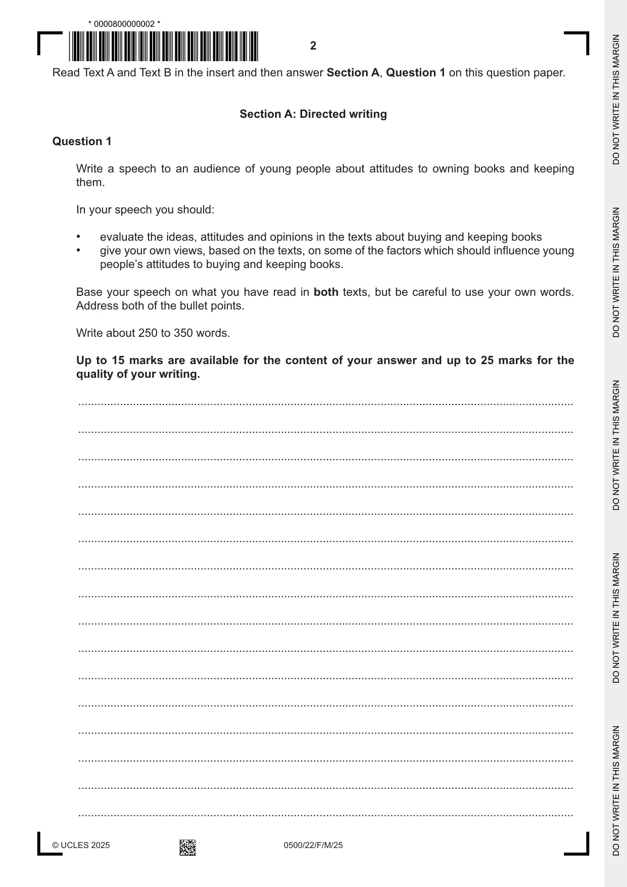 Cambridge IGCSE English - First Language 0500 2025 Feb/March Paper 2 · Variant 2 question paper, page 2 of 12