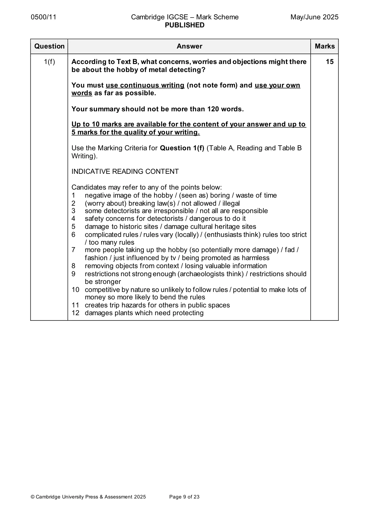 Mark scheme, page 9 of 23