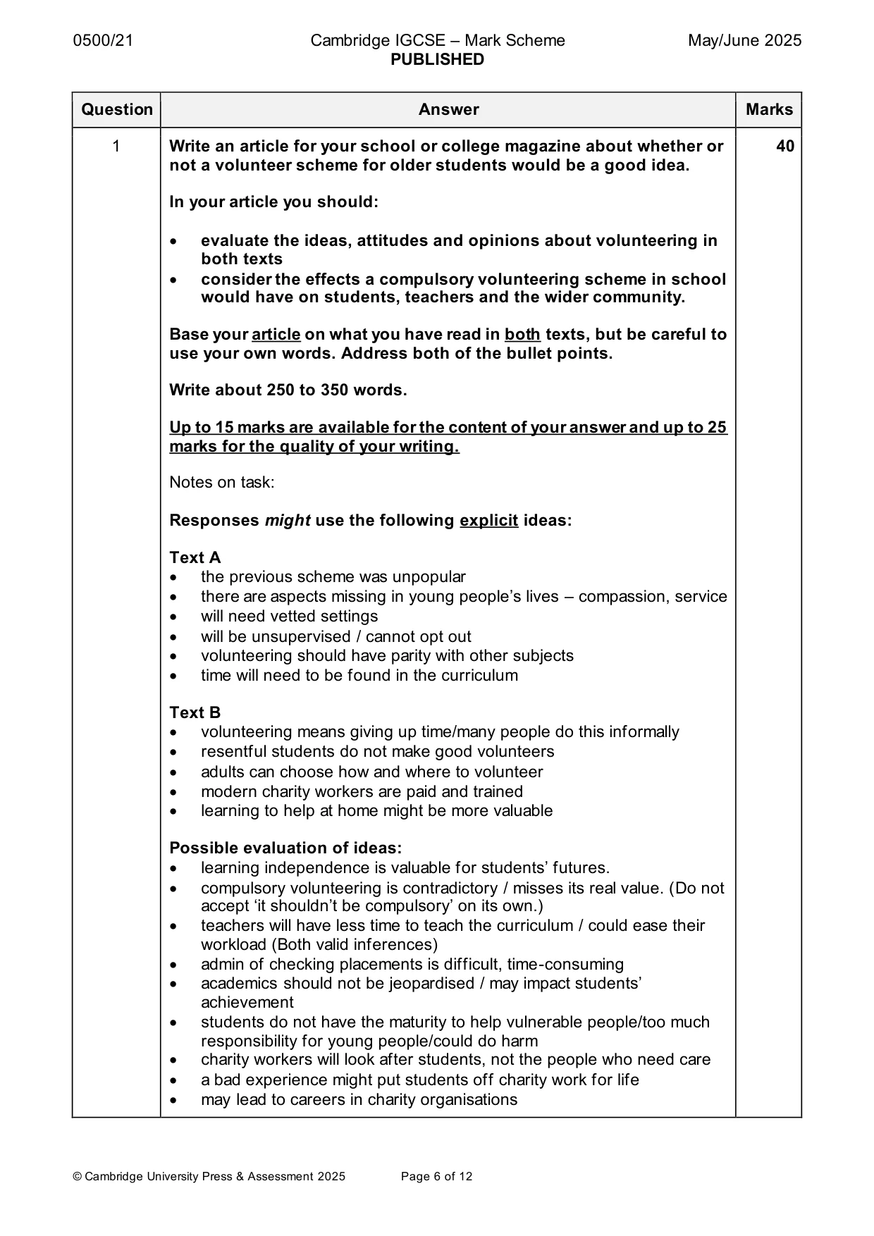 Mark scheme, page 6 of 12