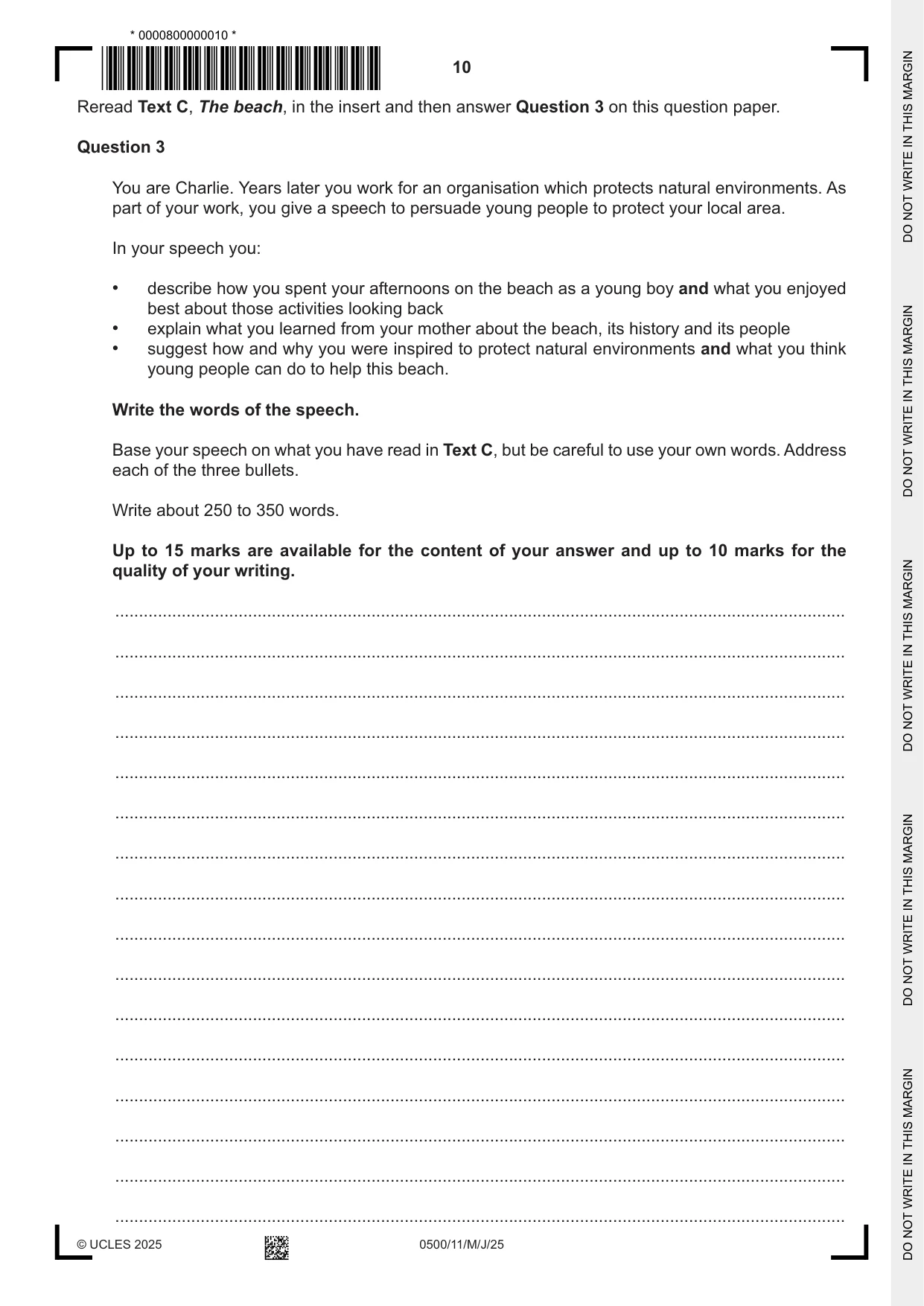 Cambridge IGCSE English - First Language 0500 2025 May/June Paper 1 · Variant 1 question paper, page 10 of 16