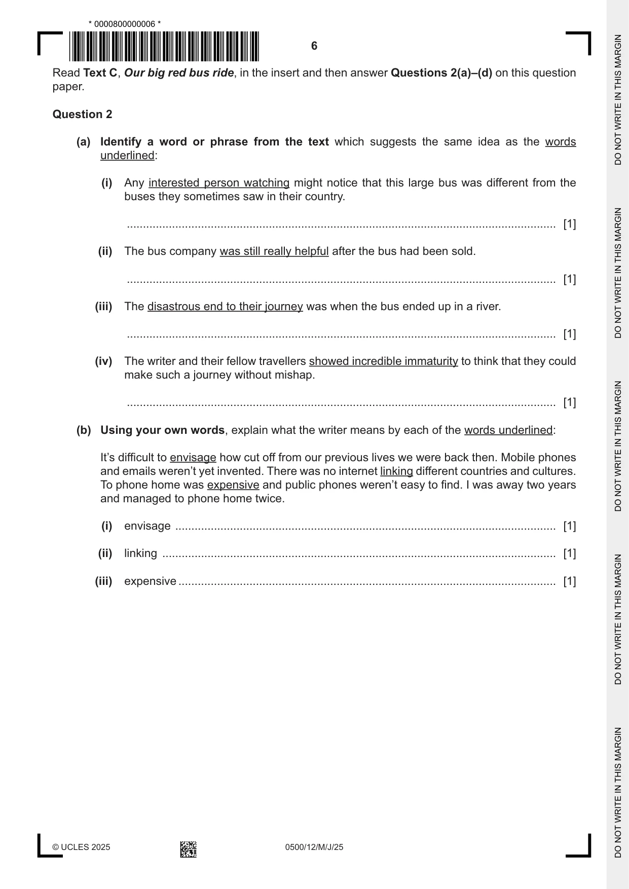 Cambridge IGCSE English - First Language 0500 2025 May/June Paper 1 · Variant 2 question paper, page 6 of 12