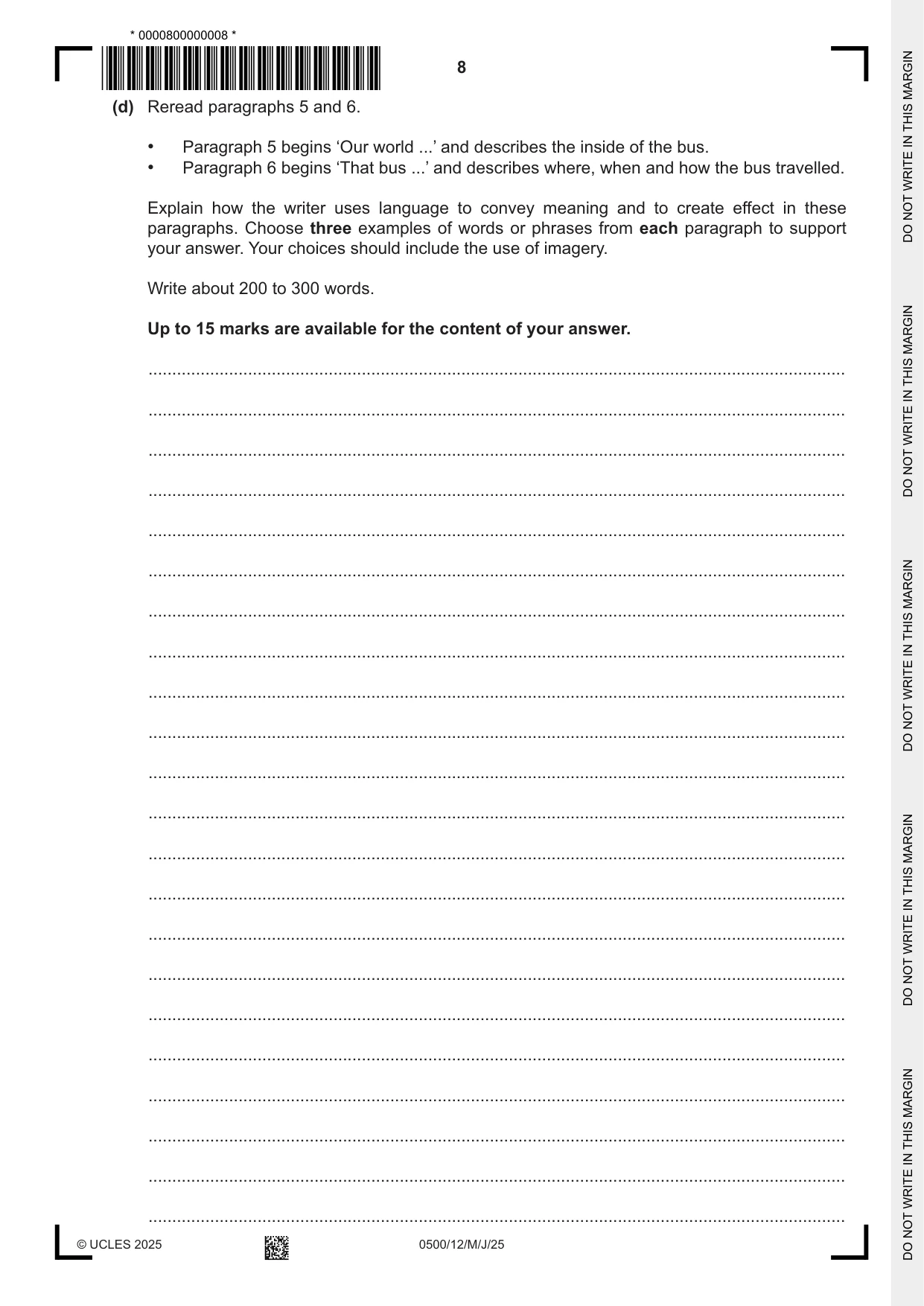 Cambridge IGCSE English - First Language 0500 2025 May/June Paper 1 · Variant 2 question paper, page 8 of 12