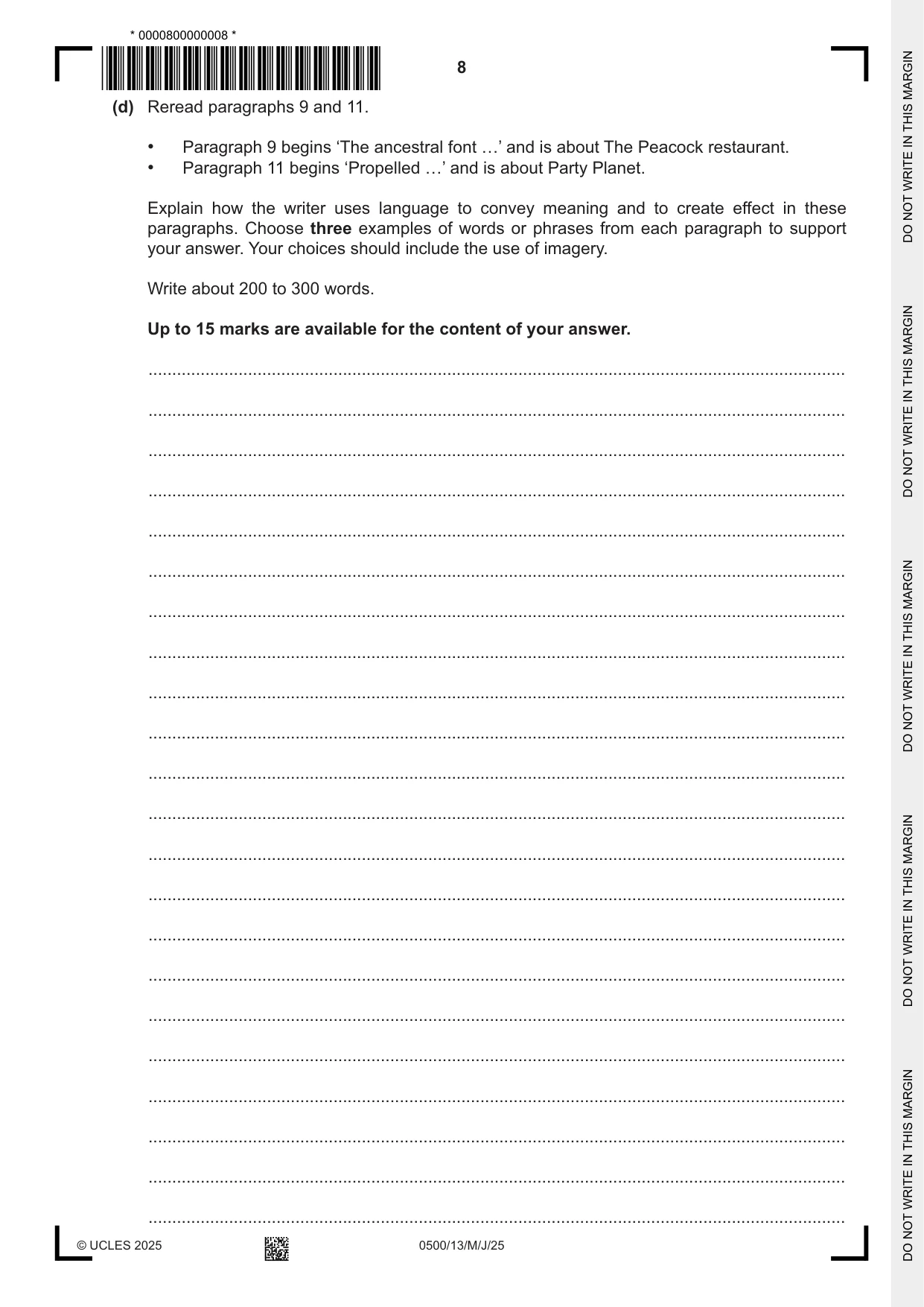 Cambridge IGCSE English - First Language 0500 2025 May/June Paper 1 · Variant 3 question paper, page 8 of 16