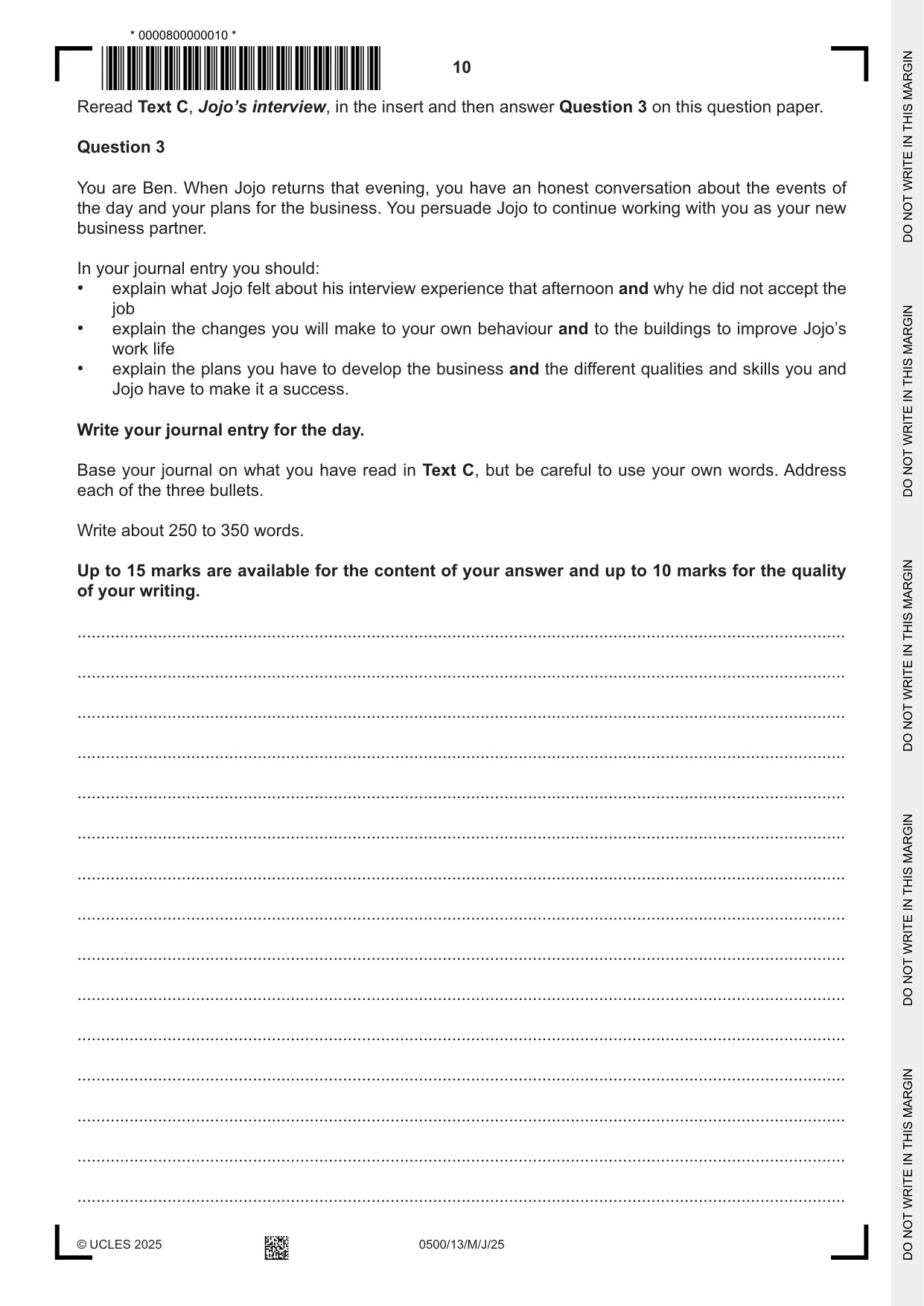 Cambridge IGCSE English - First Language 0500 2025 May/June Paper 1 · Variant 3 question paper, page 10 of 16