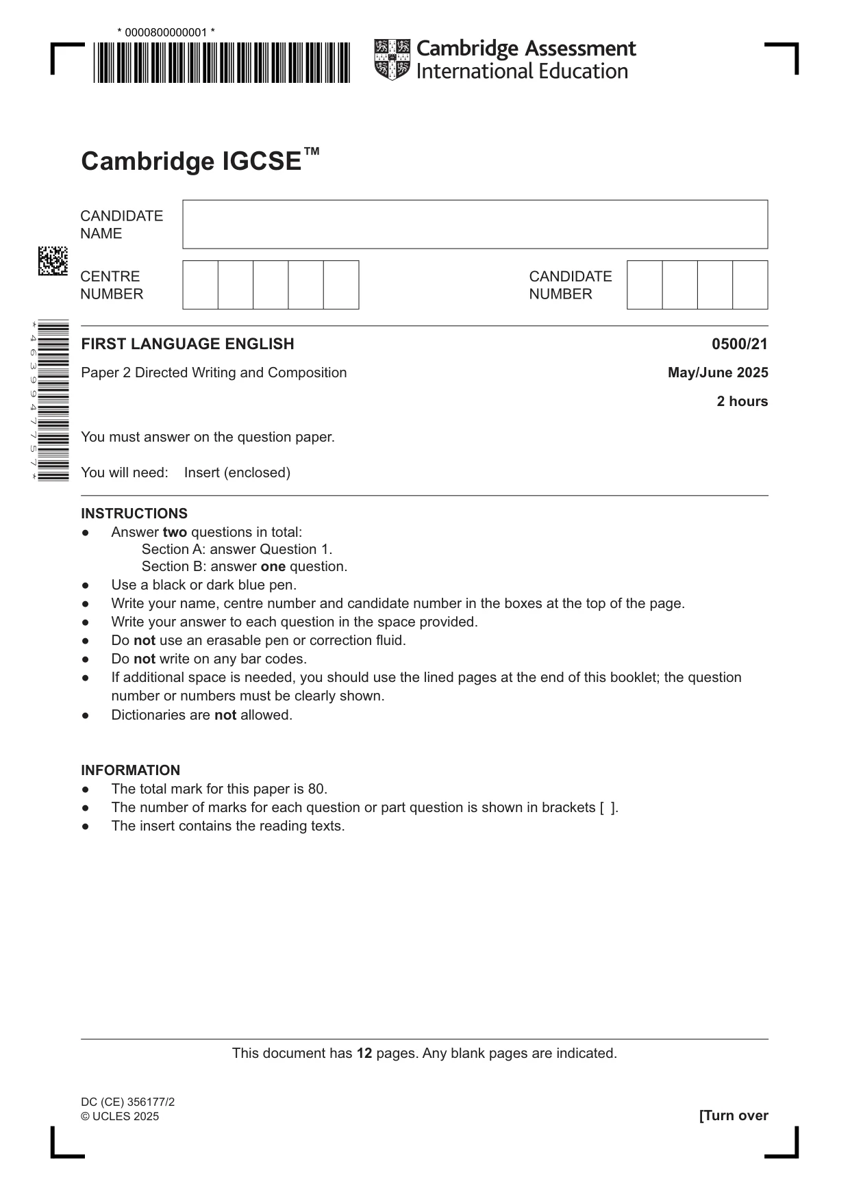 Cambridge IGCSE English - First Language 0500 2025 May/June Paper 2 · Variant 1 question paper, page 1 of 12
