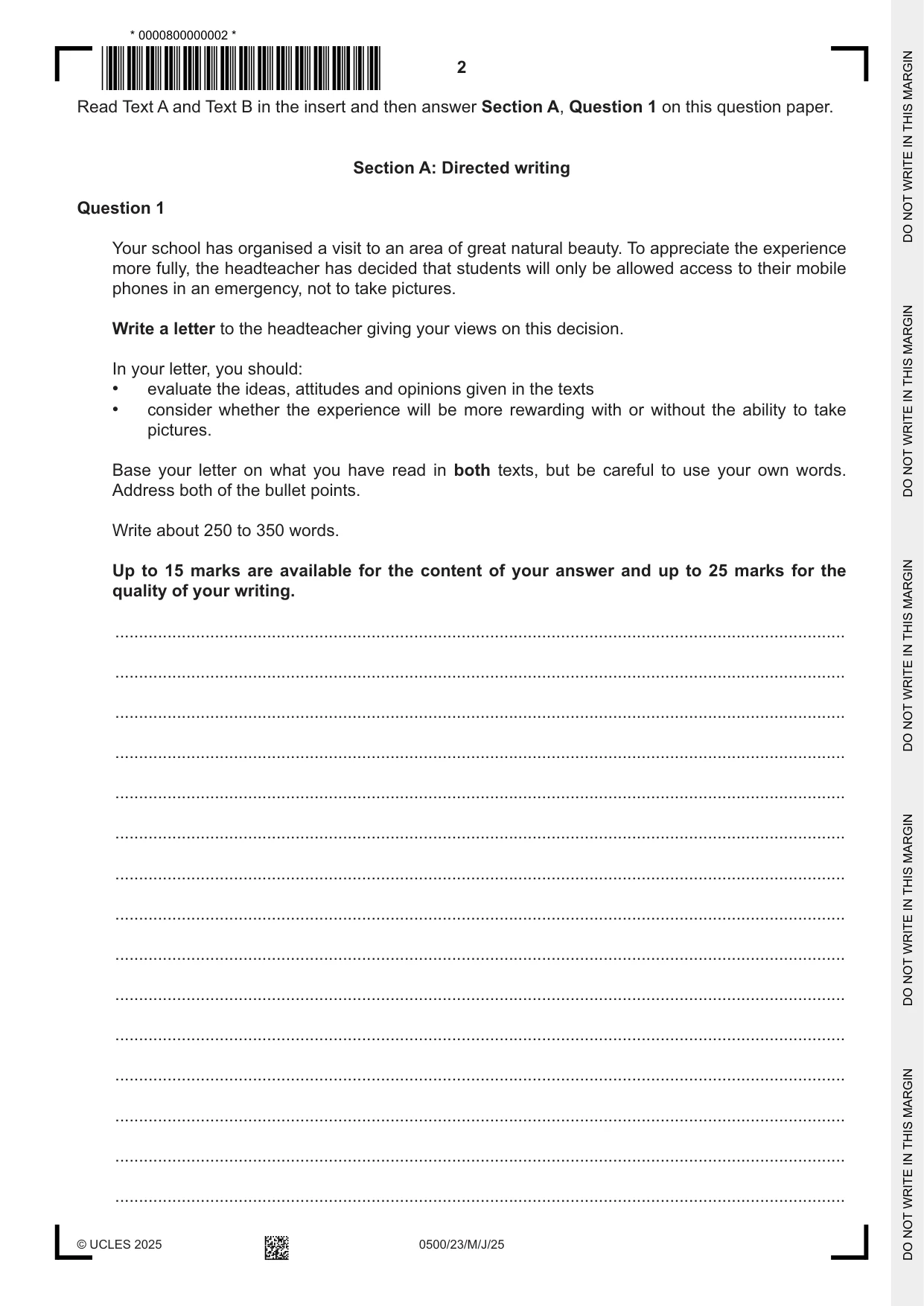 Cambridge IGCSE English - First Language 0500 2025 May/June Paper 2 · Variant 3 question paper, page 2 of 12