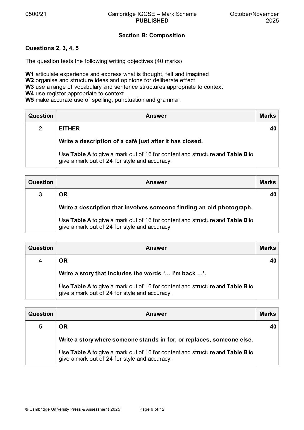 Mark scheme, page 9 of 12