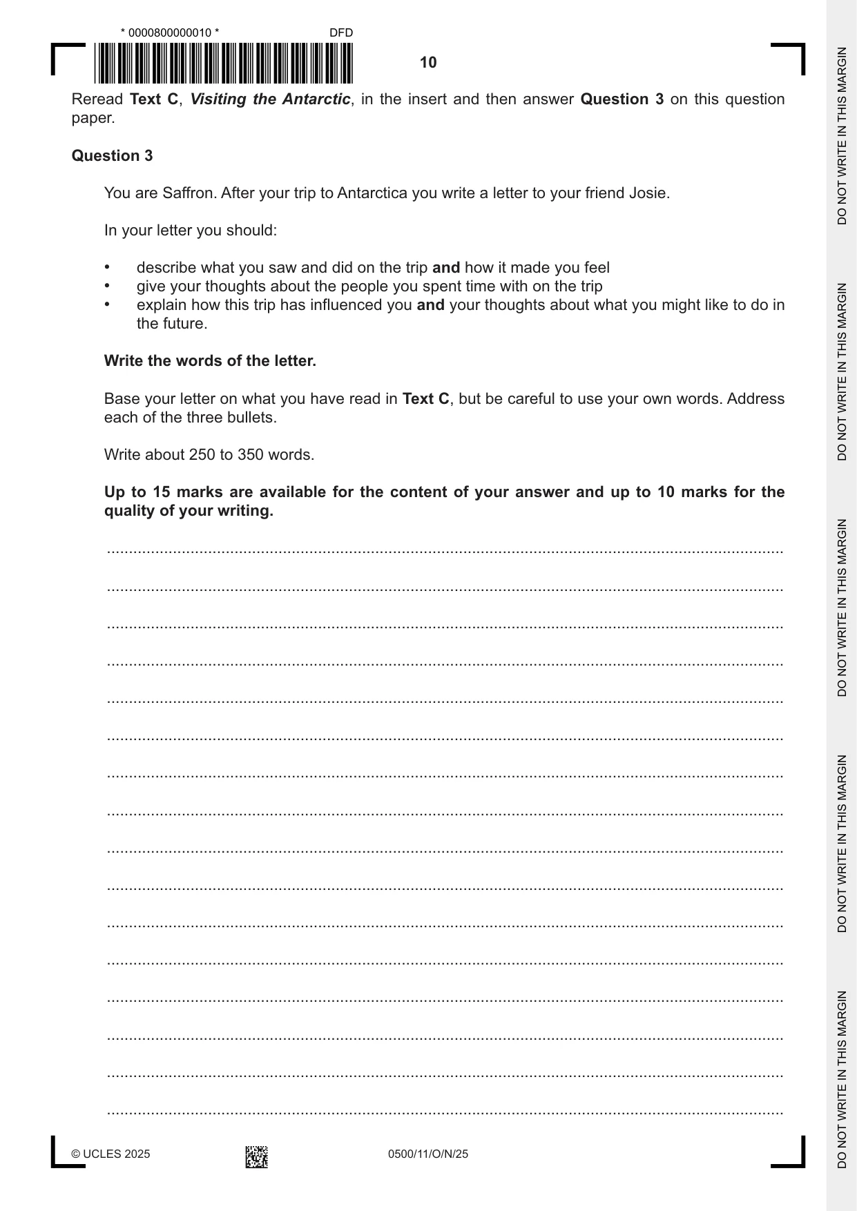 Cambridge IGCSE English - First Language 0500 2025 Oct/Nov Paper 1 · Variant 1 question paper, page 10 of 16