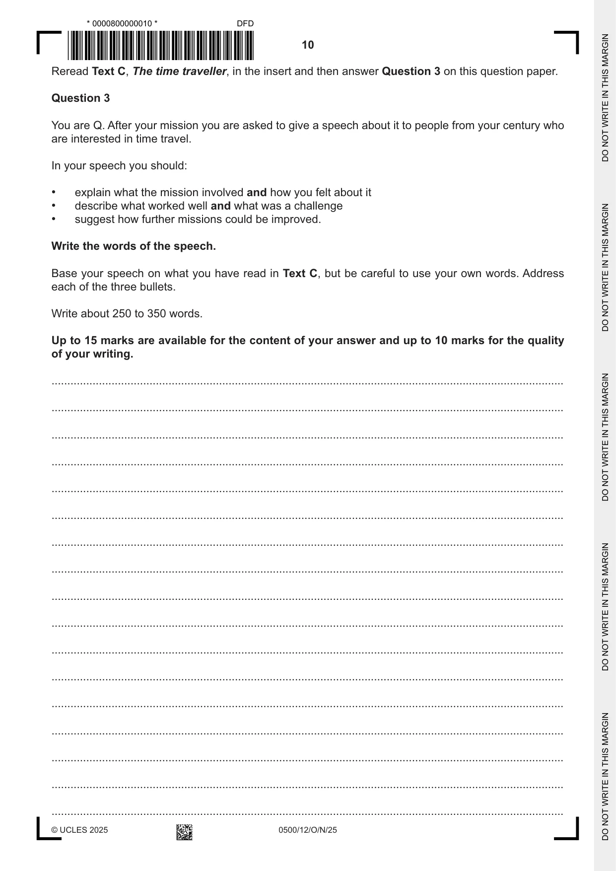Cambridge IGCSE English - First Language 0500 2025 Oct/Nov Paper 1 · Variant 2 question paper, page 10 of 16