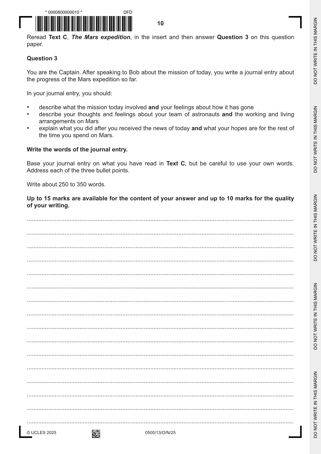 Cambridge IGCSE English - First Language 0500 2025 Oct/Nov Paper 1 · Variant 3 question paper, page 10 of 16