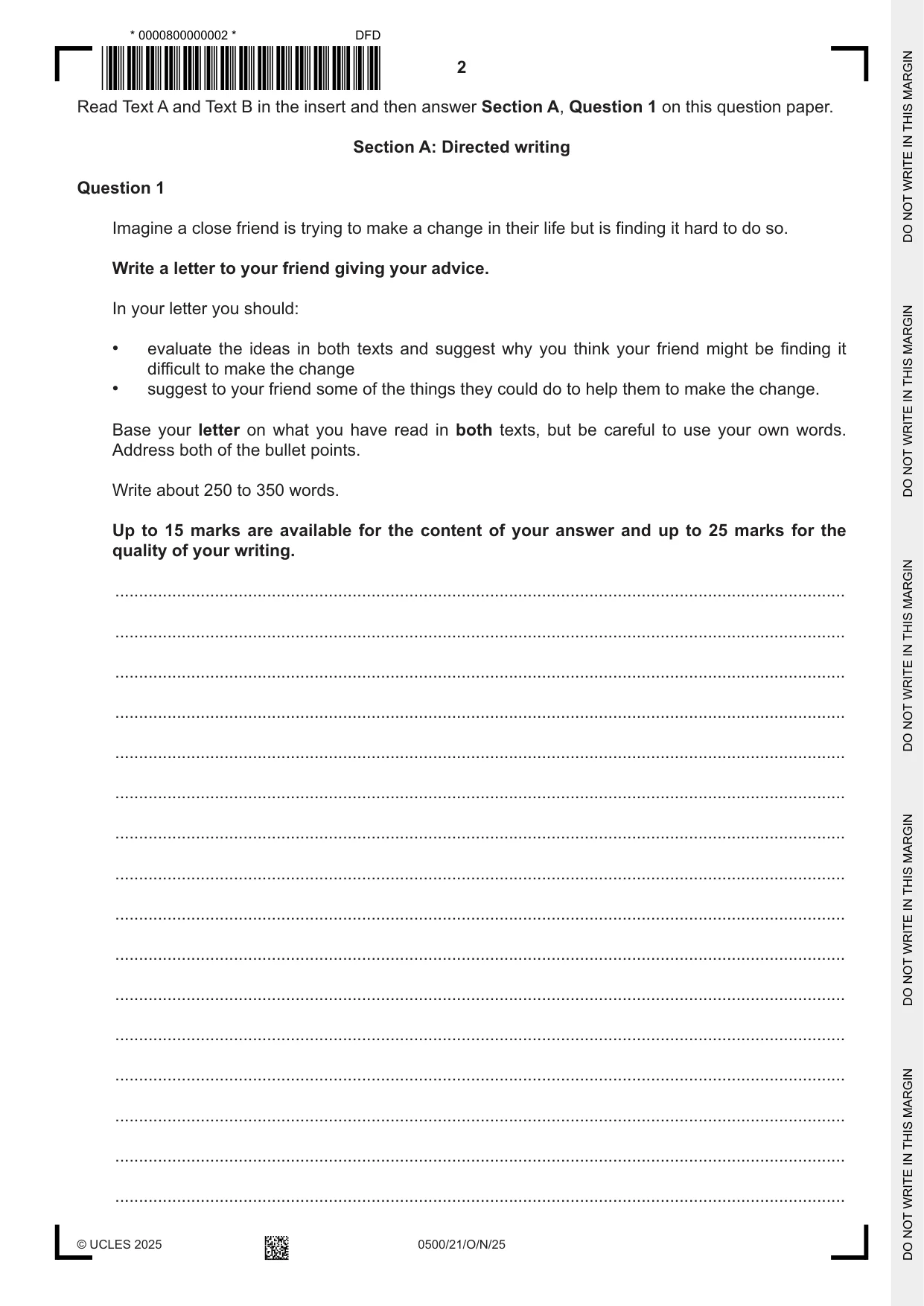 Cambridge IGCSE English - First Language 0500 2025 Oct/Nov Paper 2 · Variant 1 question paper, page 2 of 12