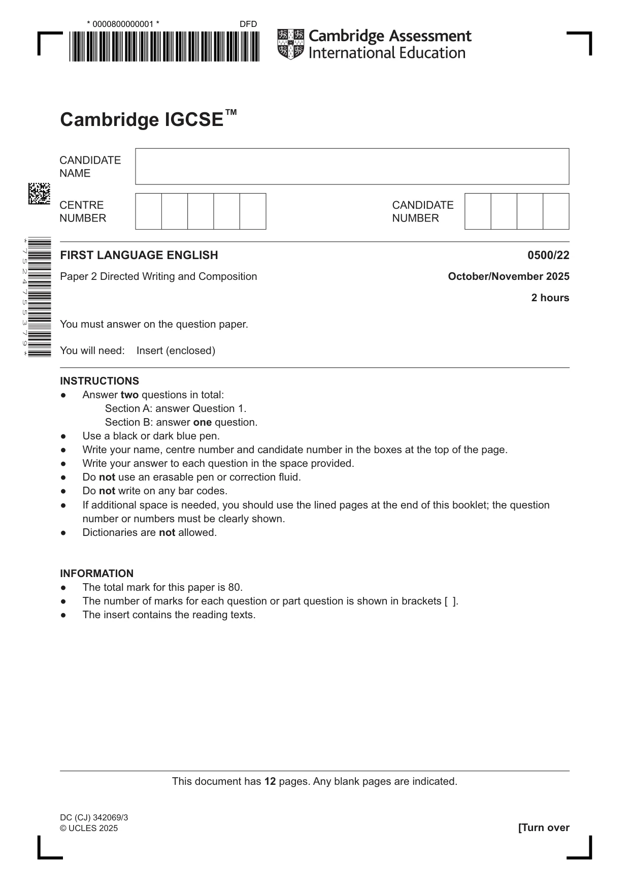 Cambridge IGCSE English - First Language 0500 2025 Oct/Nov Paper 2 · Variant 2 question paper, page 1 of 12