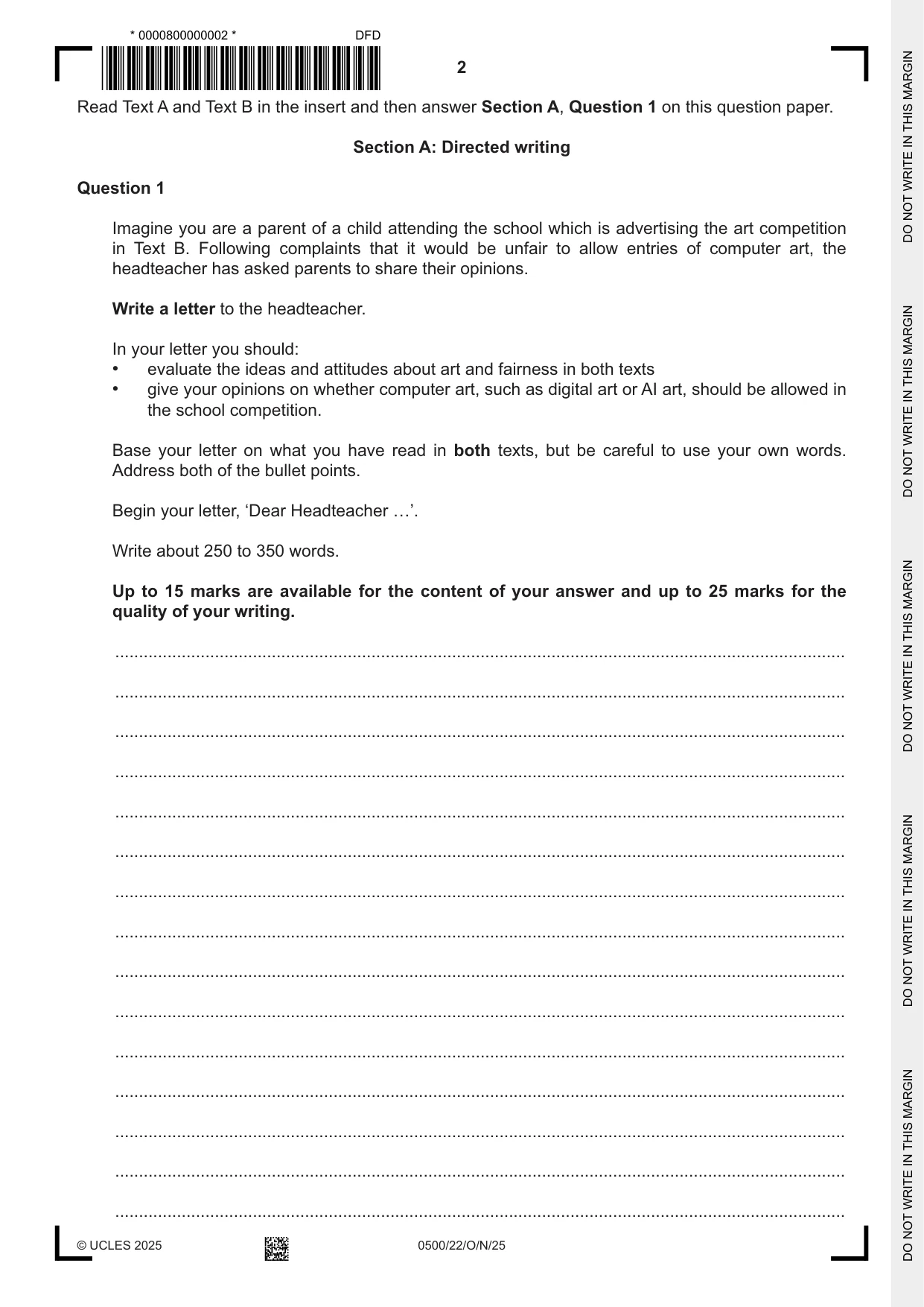 Cambridge IGCSE English - First Language 0500 2025 Oct/Nov Paper 2 · Variant 2 question paper, page 2 of 12