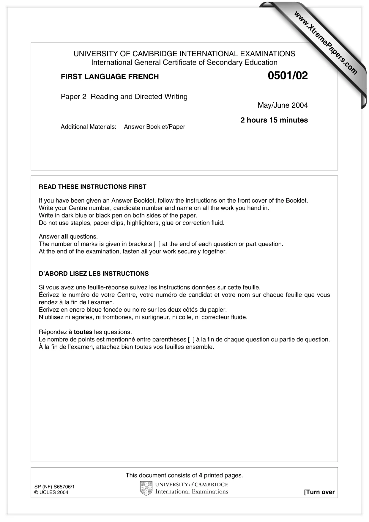 Cambridge IGCSE French - First Language 0501 2004 May/June Paper 2 · Variant 1 question paper, page 1 of 4