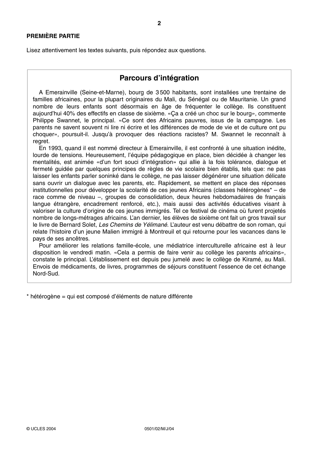 Cambridge IGCSE French - First Language 0501 2004 May/June Paper 2 · Variant 1 question paper, page 2 of 4
