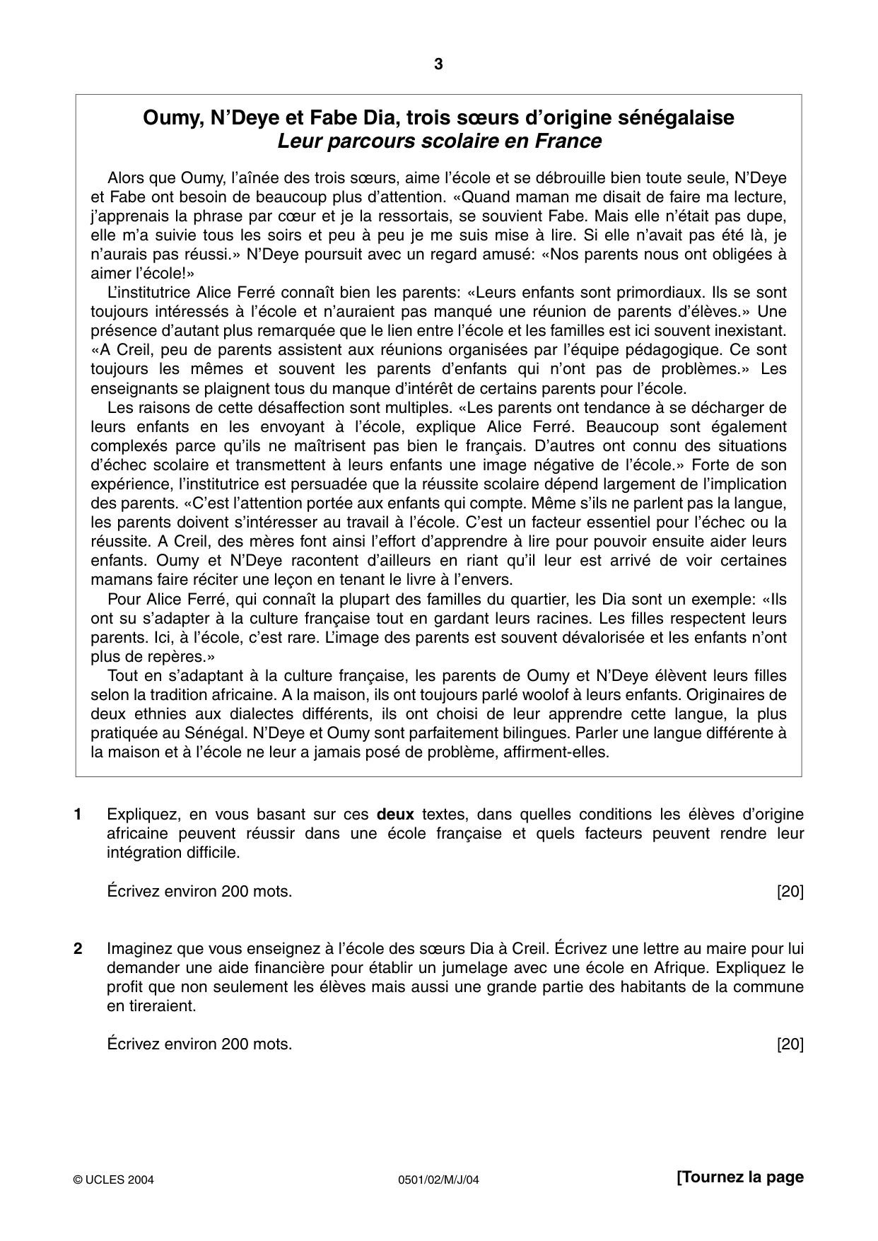 Cambridge IGCSE French - First Language 0501 2004 May/June Paper 2 · Variant 1 question paper, page 3 of 4