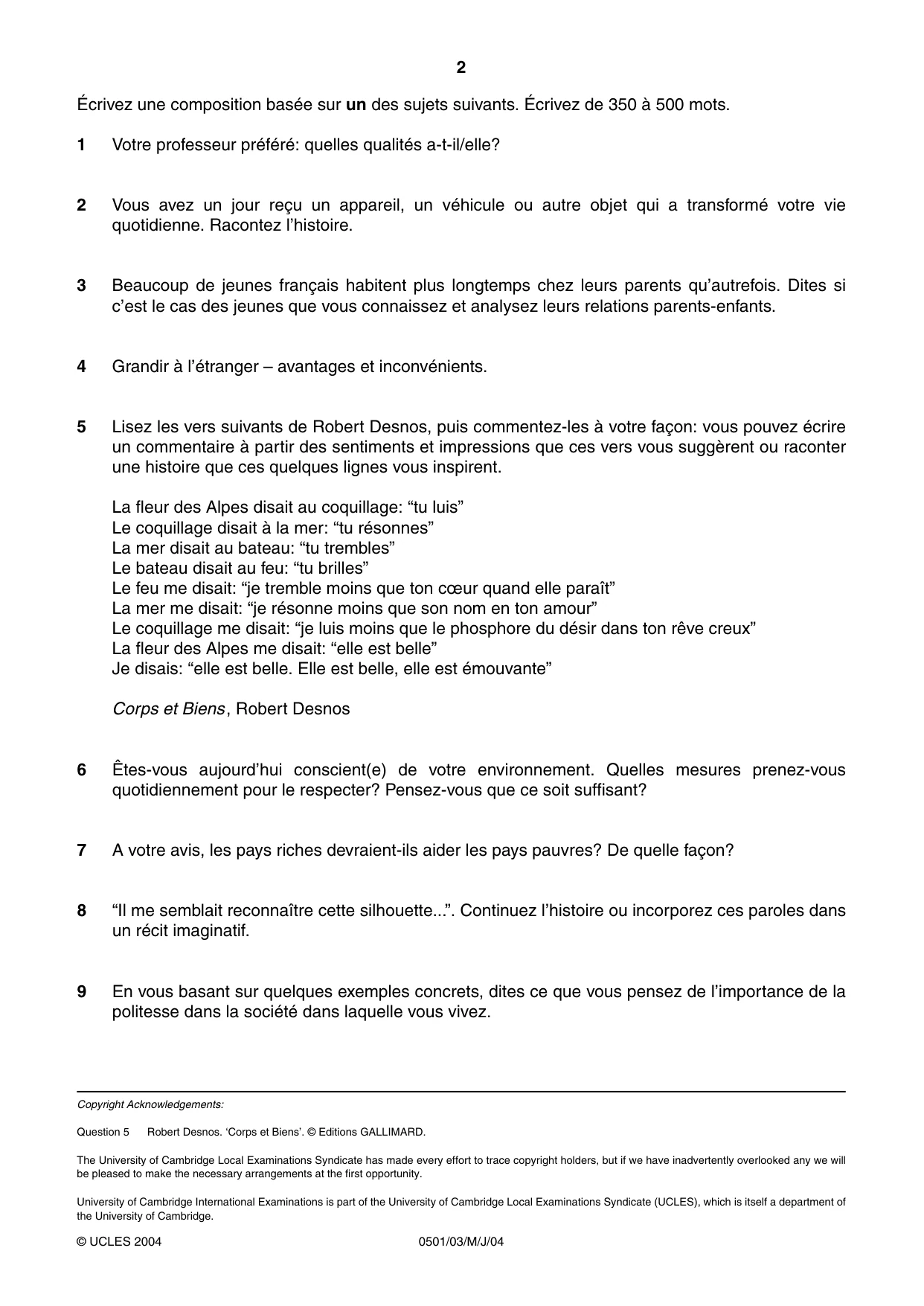 Cambridge IGCSE French - First Language 0501 2004 May/June Paper 3 · Variant 1 question paper, page 2 of 2