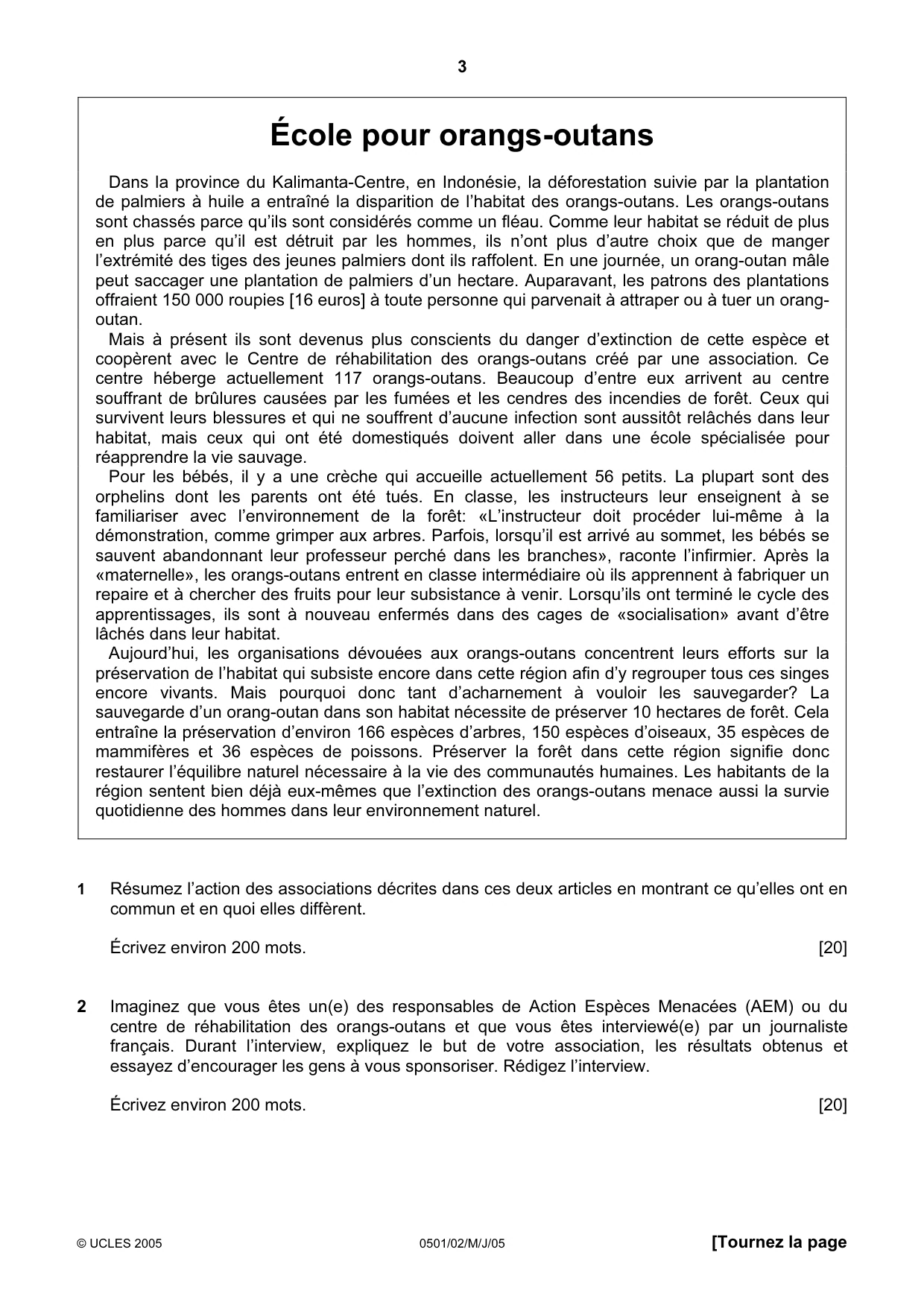 Cambridge IGCSE French - First Language 0501 2005 May/June Paper 2 · Variant 1 question paper, page 3 of 4