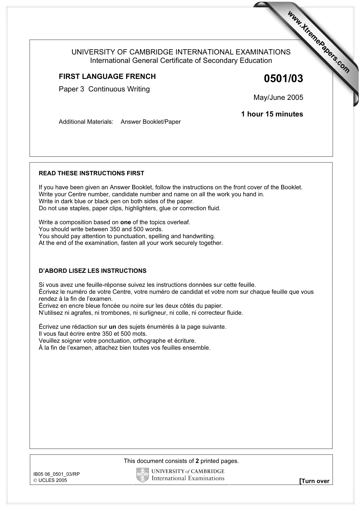Cambridge IGCSE French - First Language 0501 2005 May/June Paper 3 · Variant 1 question paper, page 1 of 2