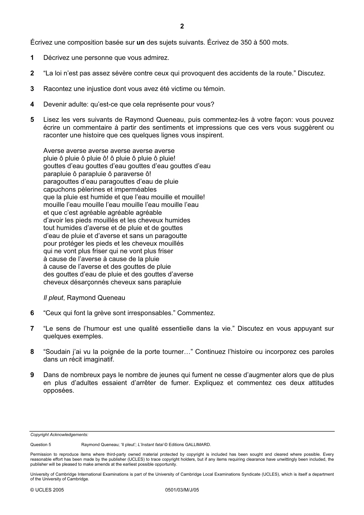 Cambridge IGCSE French - First Language 0501 2005 May/June Paper 3 · Variant 1 question paper, page 2 of 2
