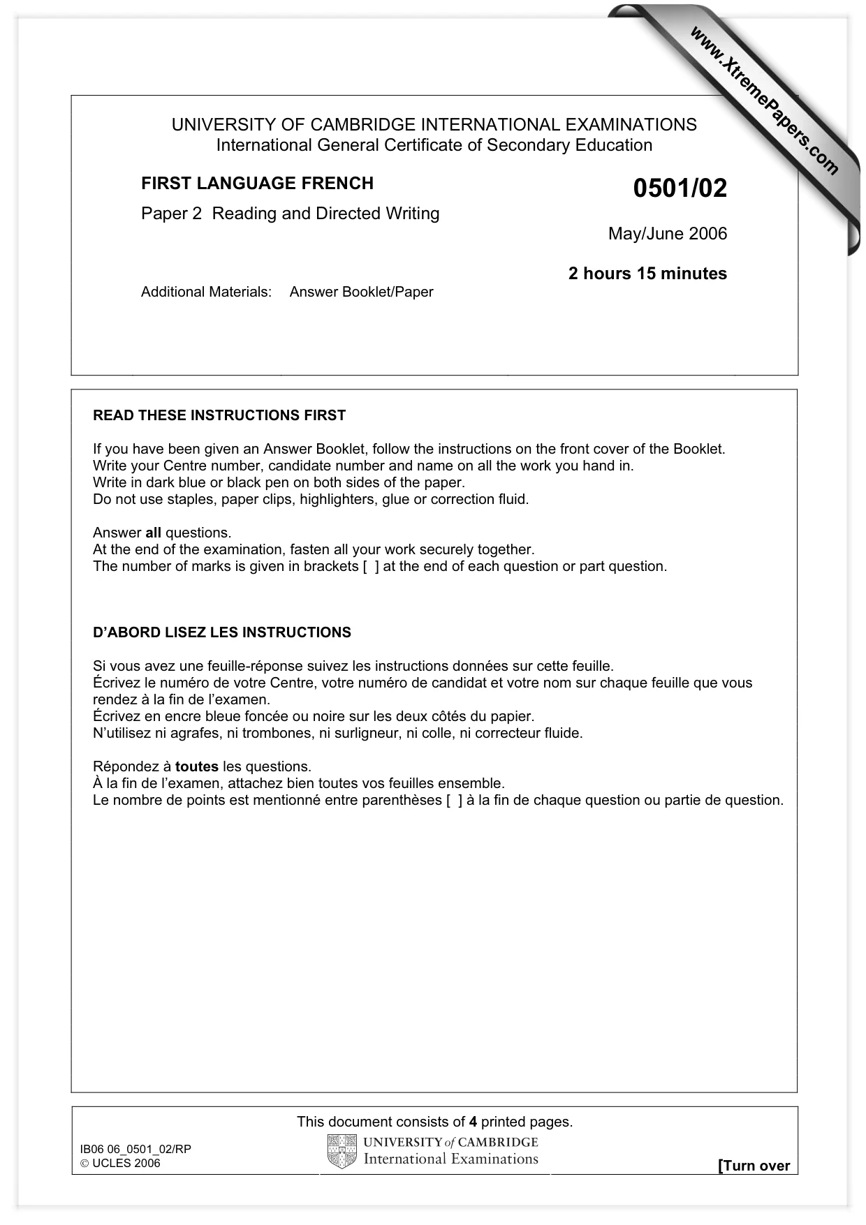Cambridge IGCSE French - First Language 0501 2006 May/June Paper 2 · Variant 1 question paper, page 1 of 4
