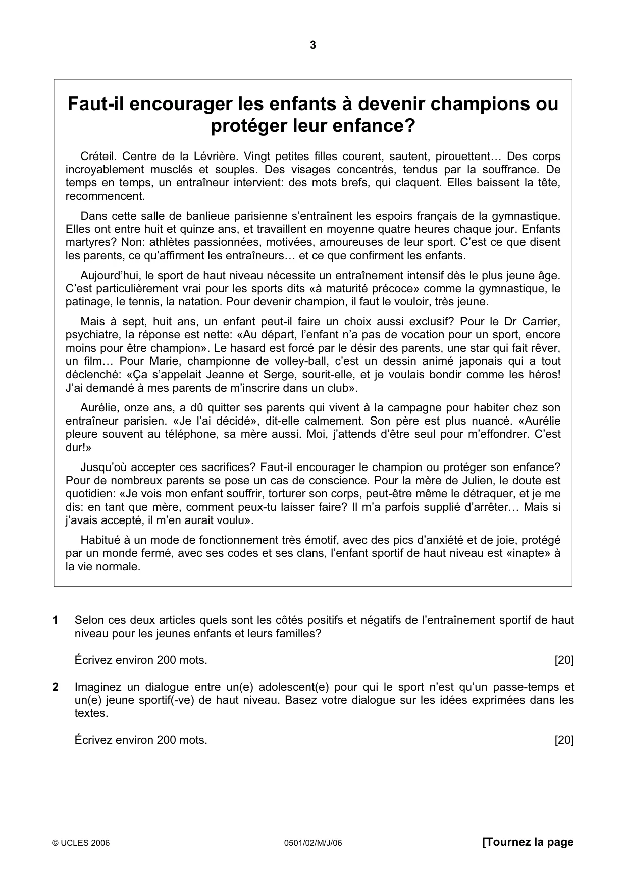 Cambridge IGCSE French - First Language 0501 2006 May/June Paper 2 · Variant 1 question paper, page 3 of 4